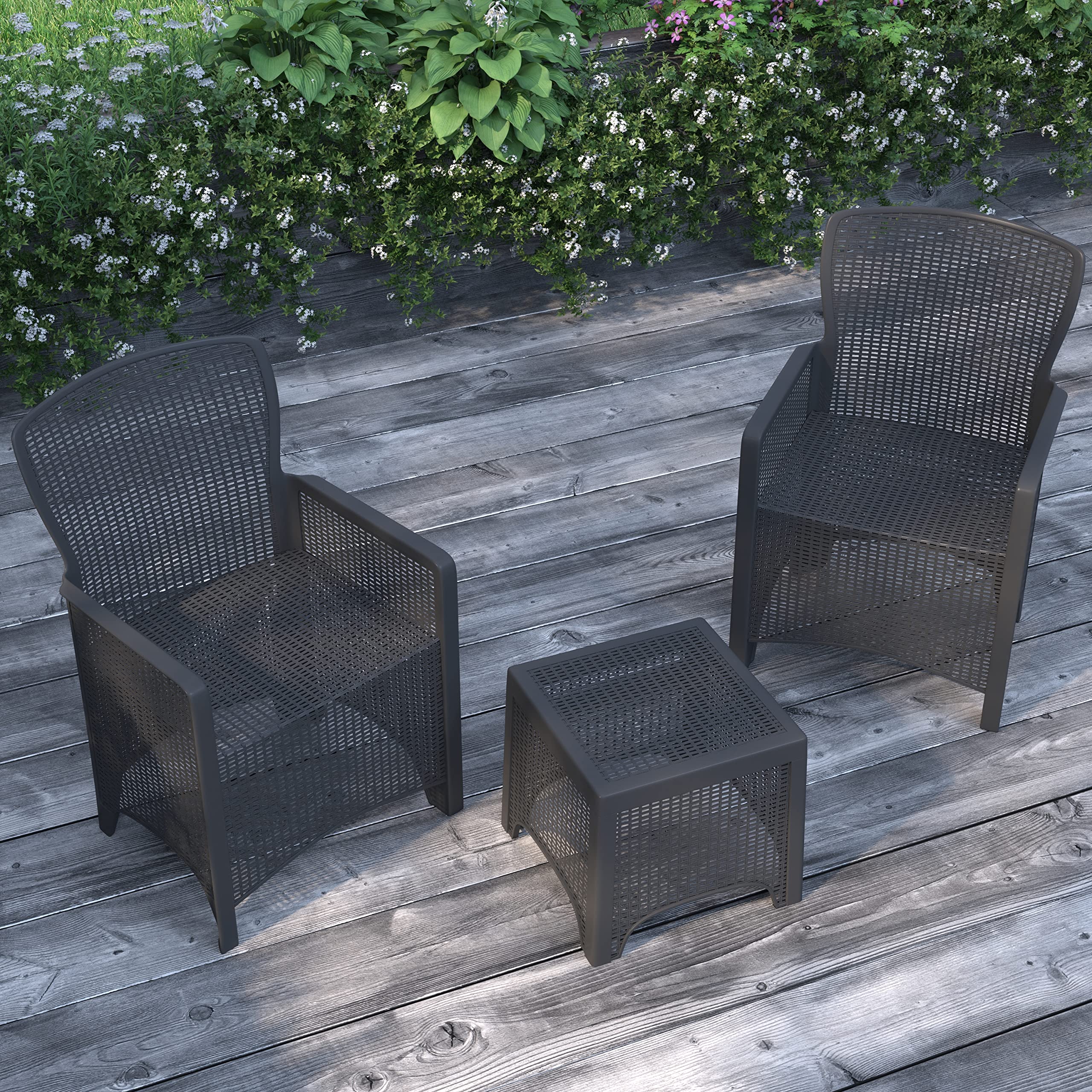 Merrick Lane Lanai 3-Piece Outdoor Furniture Set - Dark Gray Faux Rattan Lounge Chairs with Matching Side Table - Durable Resin Wicker Patio Set for Poolside, Garden or Backyard Relaxation