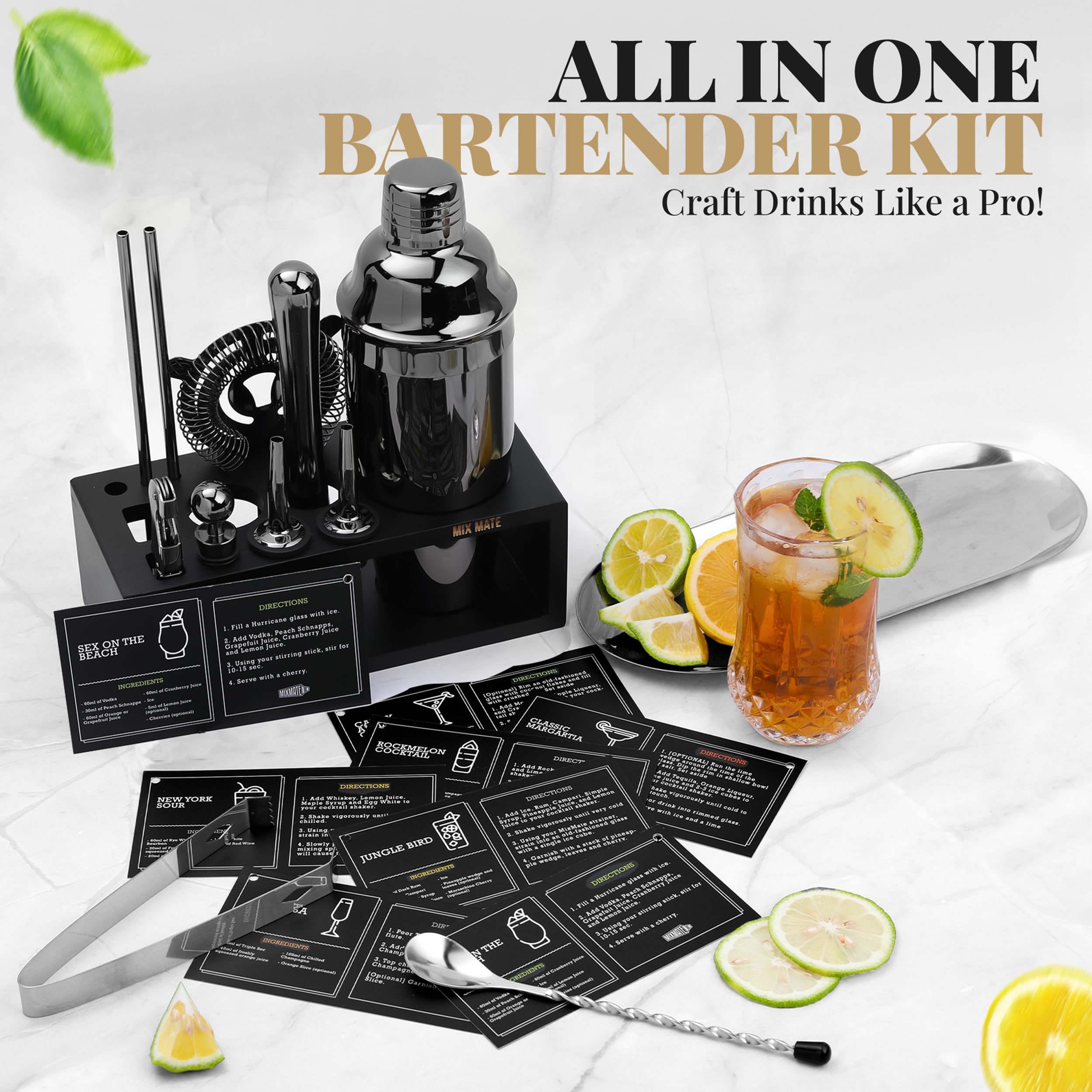 Premium 15-Piece Black Stainless Steel Cocktail Shaker Set with Wood Stand - Professional Bartender Kit Includes Drink Mixer, Bar Spoon, Jigger, Muddler, Strainer, Bottle Opener & More - Perfect for Home Bars, Parties & Mixology Enthusiasts