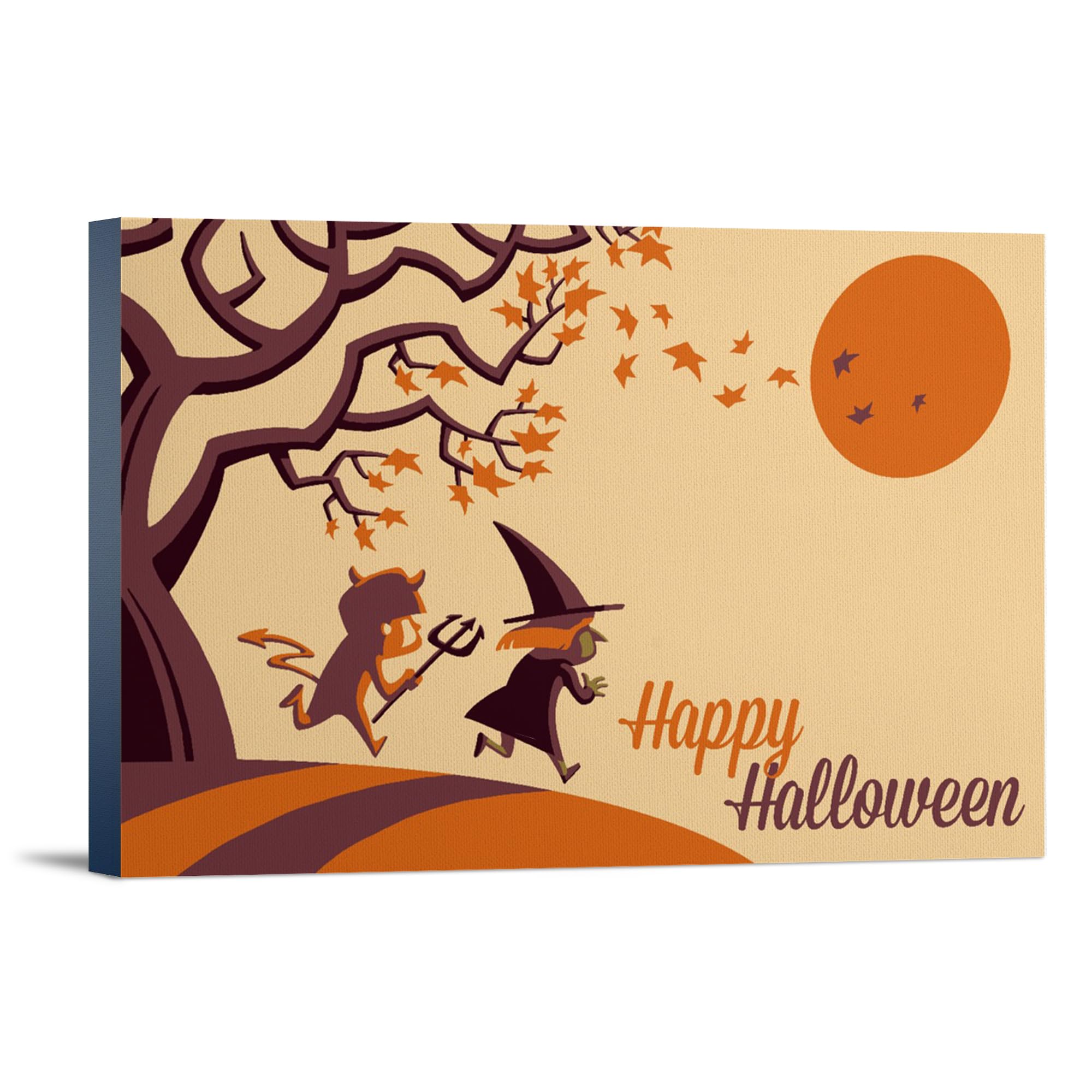 Happy Halloween Fall Tree Retro Wall Art - 12x18 Wrapped Canvas for Home Decor, Living Room & Office - Spooky Seasonal Artwork for Halloween Party Decorations