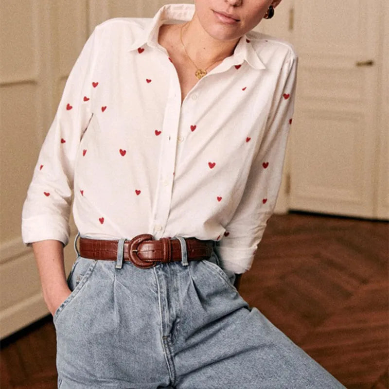 Women's Heart Embroidery Denim Shirt - Turn Down Collar Long Sleeve Blouse for Valentine's Day Gifts | Casual Wear, Date Night Outfit, Romantic Occasion Fashion
