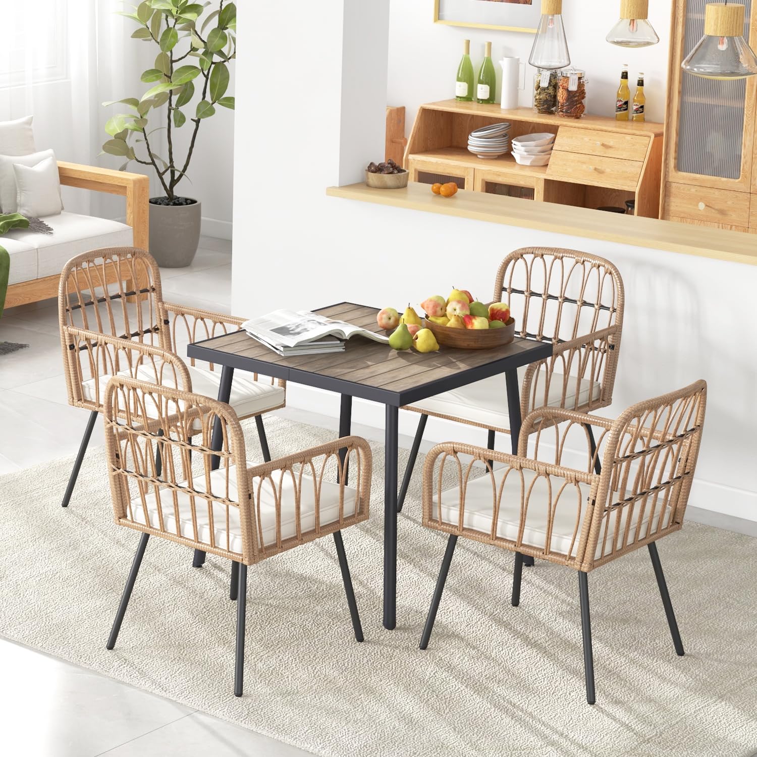 LYNSLIM 5-Piece Outdoor Dining Set - Rattan Patio Table & Chairs with Plastic-Wood Tabletop, 4 Wicker Chairs & Cushions - Perfect for Patio, Poolside, Balcony, Garden & Backyard Entertaining
