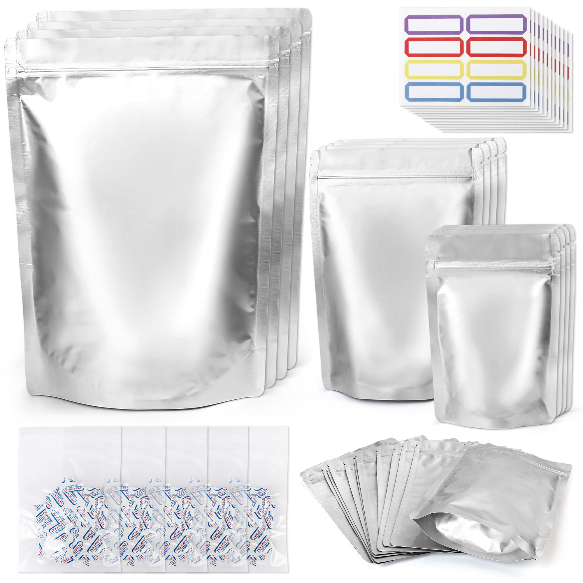 Premium Mylar Food Storage Bags - 100 Pcs with Oxygen Absorbers & Labels - Heavy Duty 8.6 Mil Thick - Resealable Ziplock & Heat Sealable - 3 Sizes (Gallon, Quart, Small) - Ideal for Long Term Food Storage, Emergency Preparedness & Bulk Dry Goods Organization