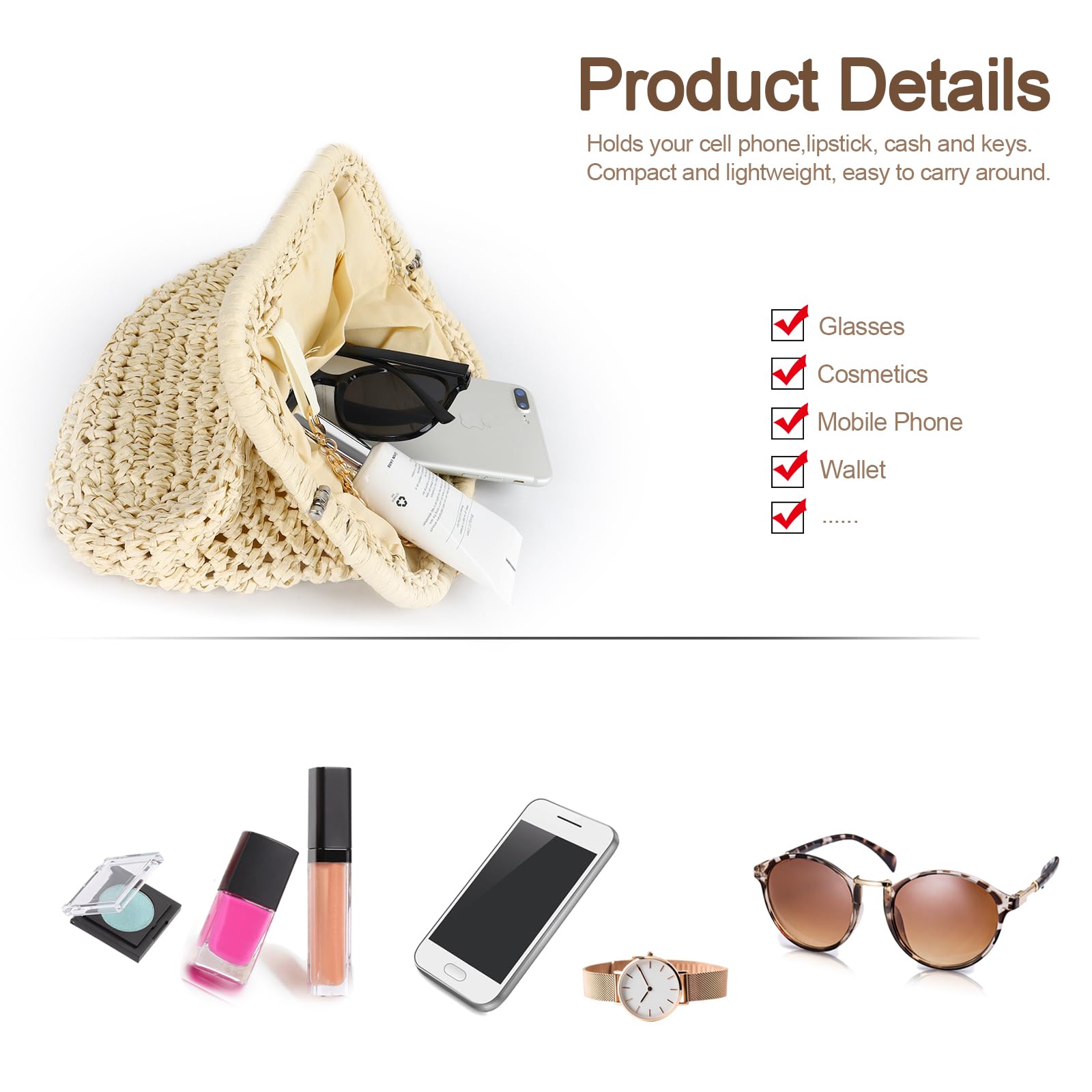Straw Clutch Purse for Women - Handwoven Dumpling Crossbody Bag, Summer Beach Tote, Boho Chic Woven Straw Handbag for Casual Outings, Vacations & Date Nights