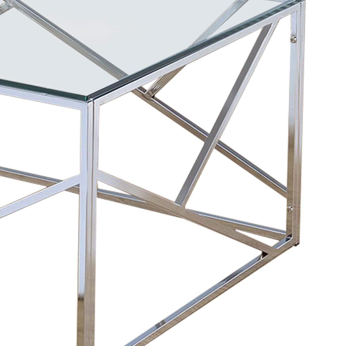 Benjara Industrial 3-Piece Glass Coffee Table Set with Geometric Metal Base in Silver - Modern Living Room Furniture for Small Spaces & Apartments