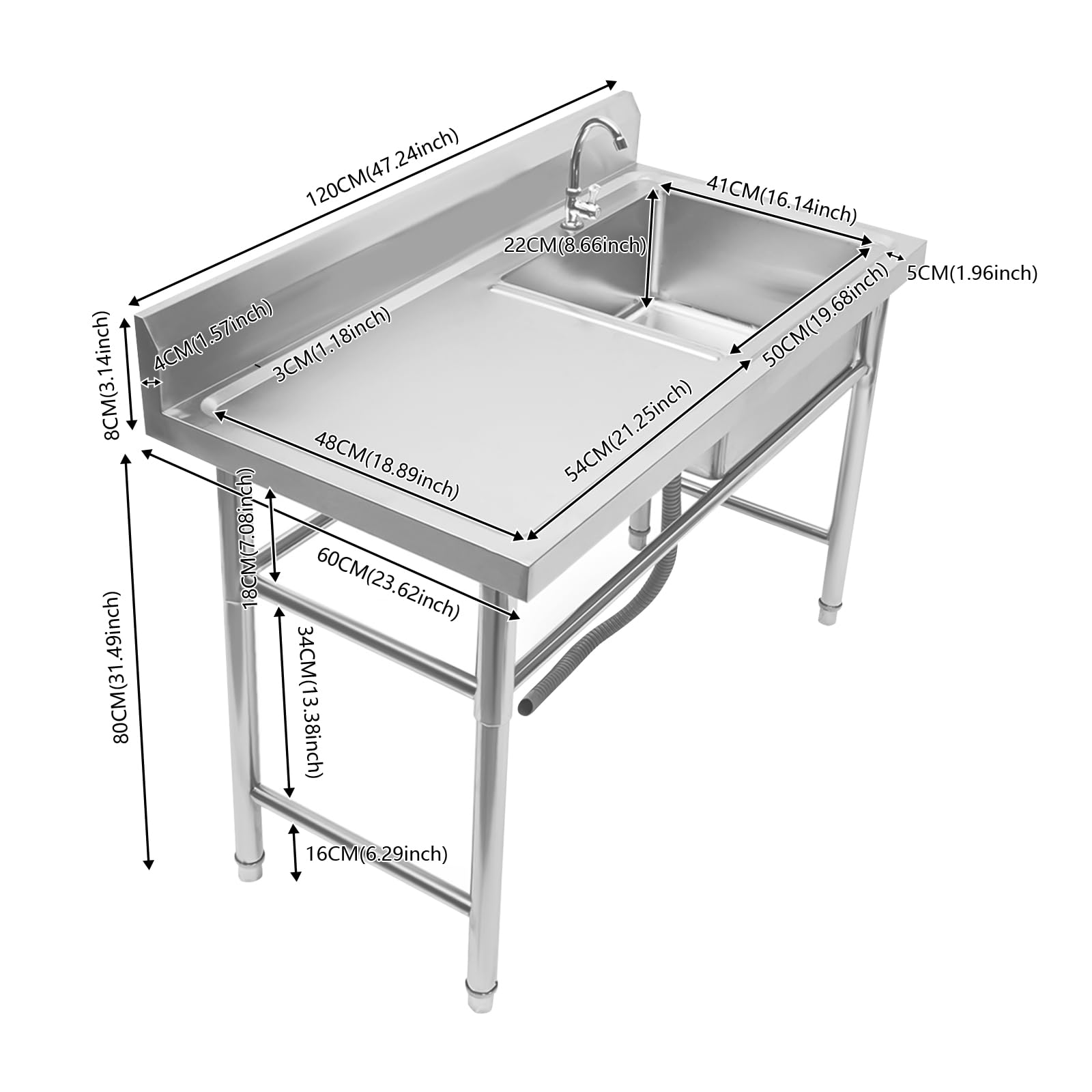 **Stainless Steel Commercial Outdoor Sink with Drainboard - 47 Inch Single Bowl Utility Sink for Restaurant, Kitchen, Home, Garage & Laundry | Durable & Easy to Clean for Outdoor Cooking, Camping & RV Use**