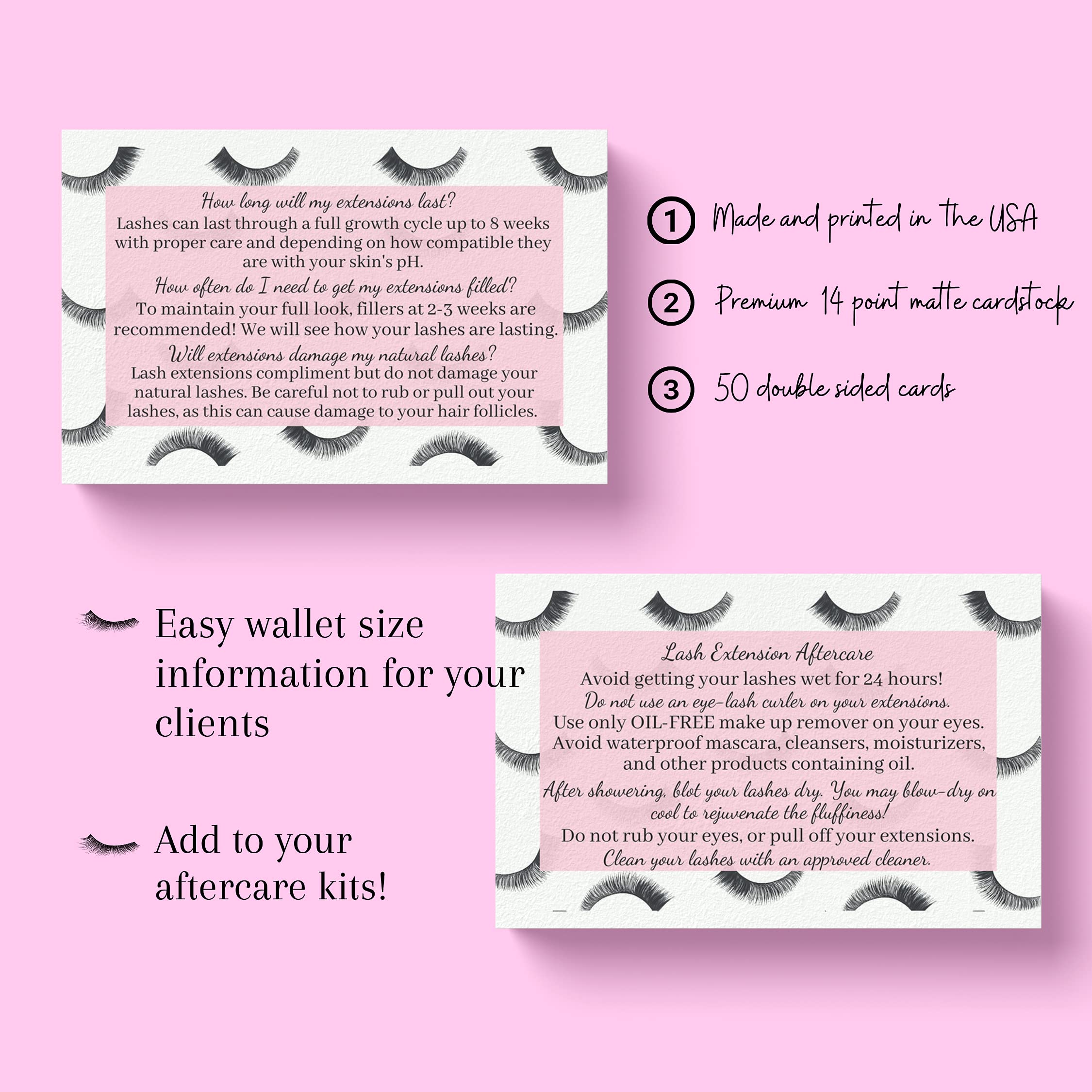 Premium Eyelash Extension Aftercare Cards - 50 Pack | Double-Sided False Lash Care Instructions with Elegant Pink Design | 3.5