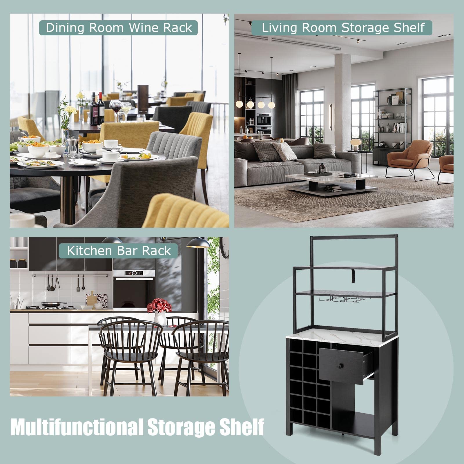 Giantex Sideboard with Hutch Shelf - Wood Buffet Wine Cabinet for 18 Bottles, 4-Tier Bakers Rack with Drawer & Glass Holder - Kitchen Microwave Stand, Living Room Storage Organizer in Black | Perfect for Dining Room, Bar, and Home Entertainment Setup