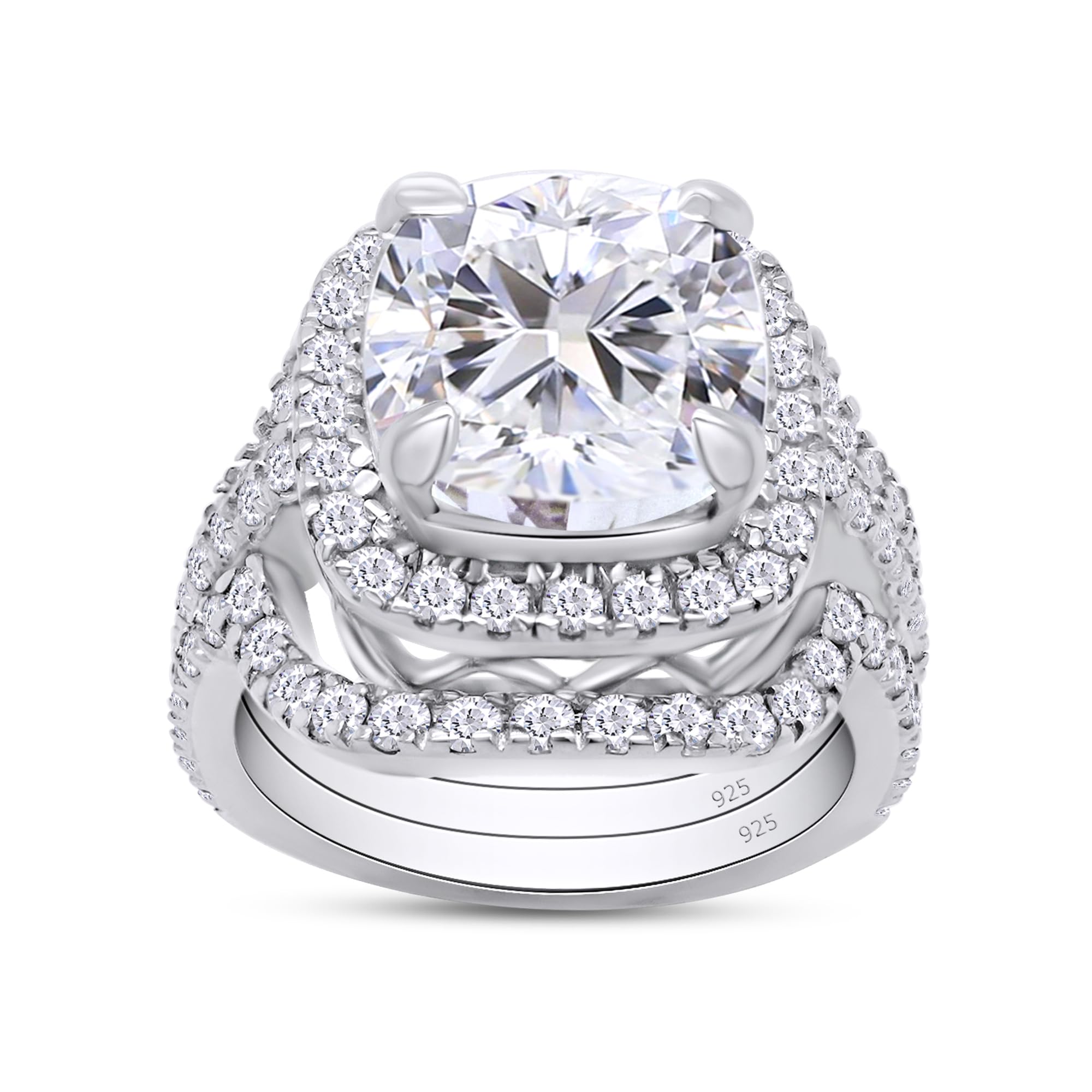 Cushion Cut Lab Created Moissanite Engagement Ring & Double Wedding Band Halo Bridal Set in 14k Gold Plated 925 Sterling Silver (3.50 Cttw, G-H/VVS1) - Perfect for Proposals, Anniversaries & Wedding Ceremonies