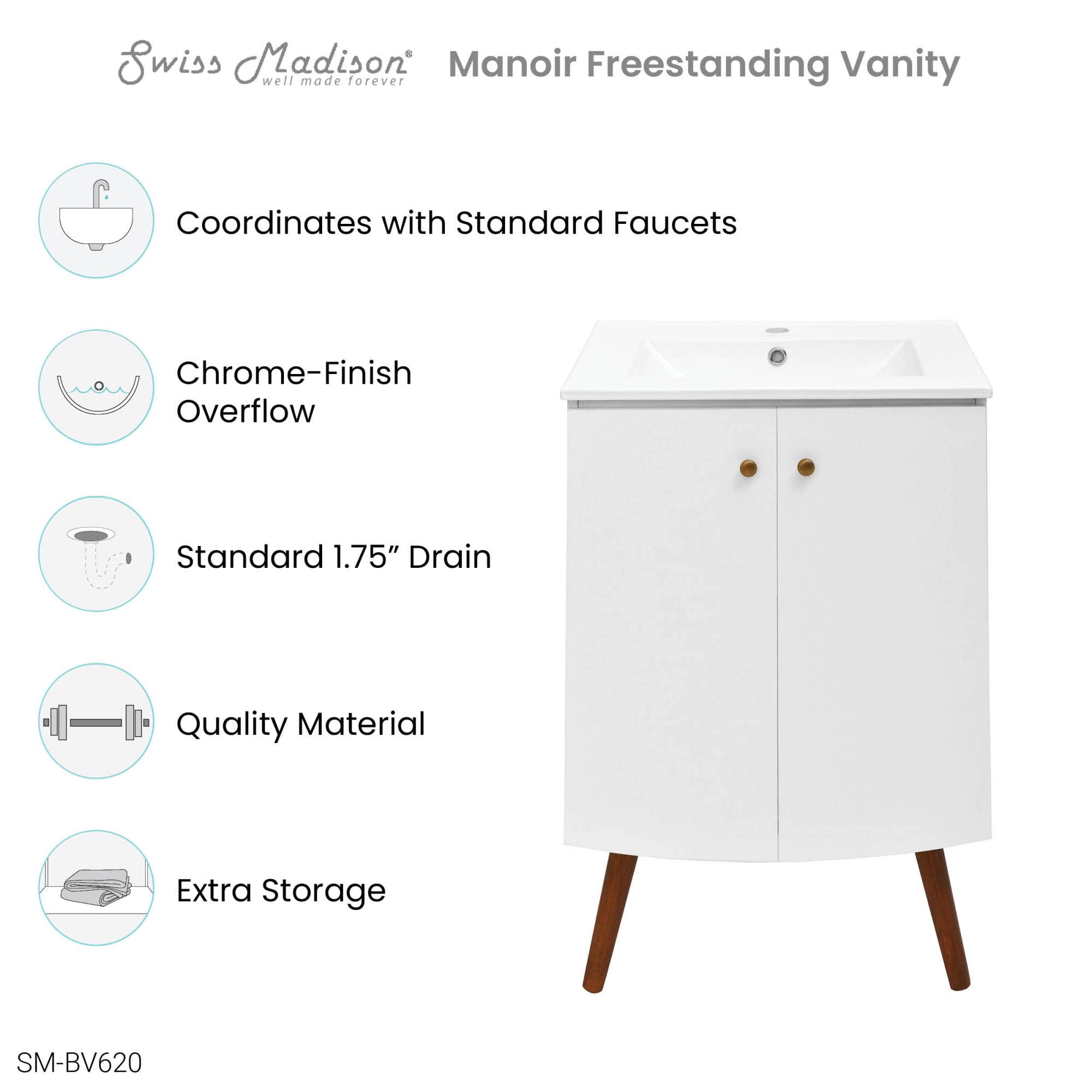 Swiss Madison Manoir 24 Inch White Bathroom Vanity with Sink - Modern Space-Saving Vanity for Small Bathrooms & Powder Rooms