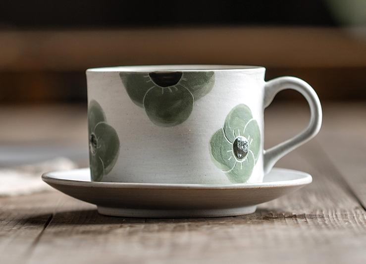 Handmade Rustic Pottery Coffee Cup and Saucer Set - Spring Floral Cappuccino Tea Mug for Home, Cafe & Gift Use