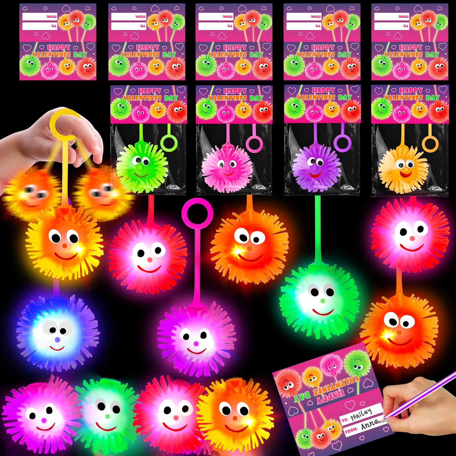 24 Pack Valentine's Day Gifts for Kids - Prefilled Cards with Fidget Toys, Flashing Light Puffer Balls | Bulk Party Favors for Classroom Exchange, Birthday Prizes | Perfect for School Celebrations, Holiday Gifts & Kids' Party Activities