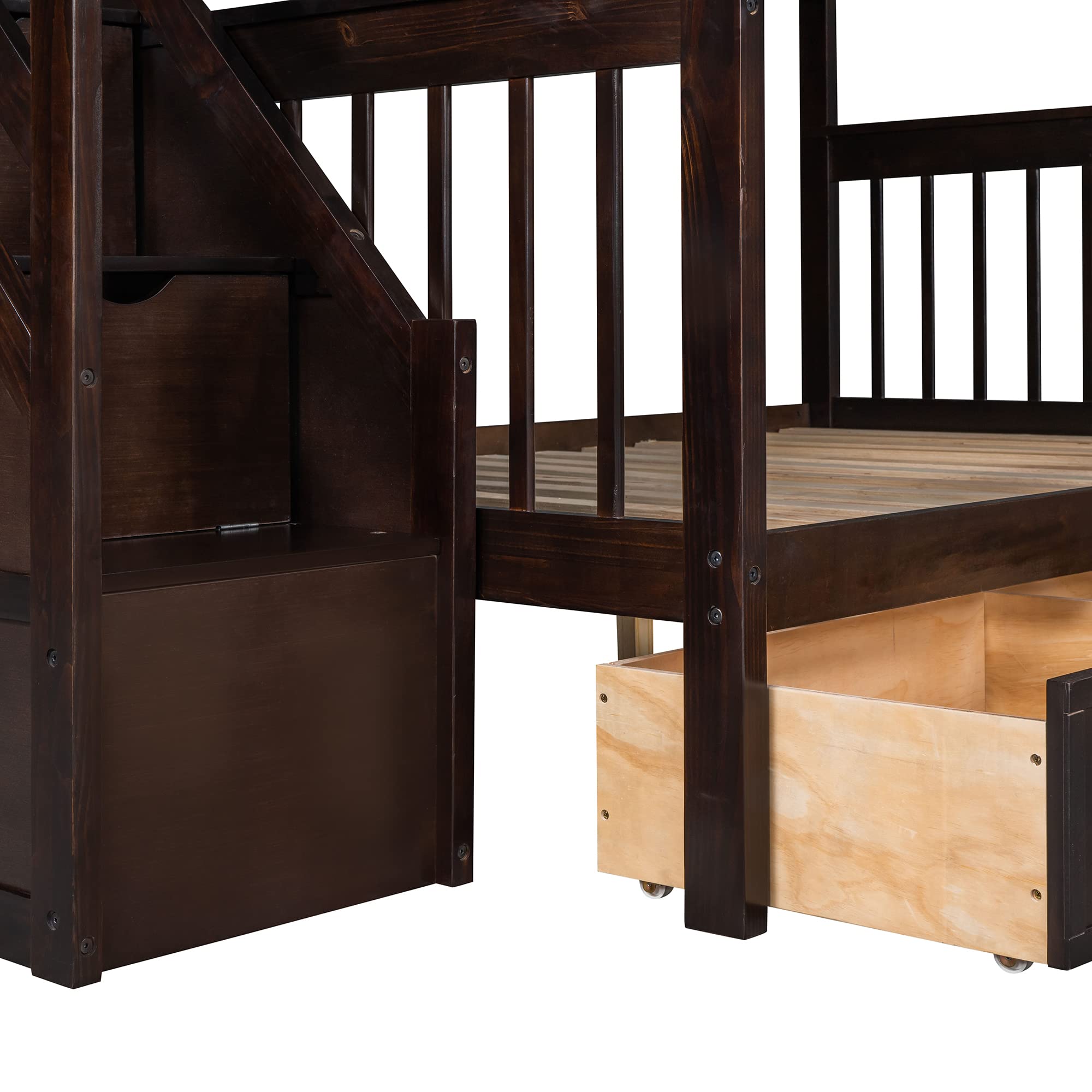 Modern L-Shaped Solid Wood Triple Bunk Bed - Twin over Full with Storage Staircase, 3 Drawers & Safety Guardrail - Space-Saving Loft Bed Frame for Adults, Teens & Kids - Perfect for Small Bedrooms, Guest Rooms & Dormitories (Espresso)
