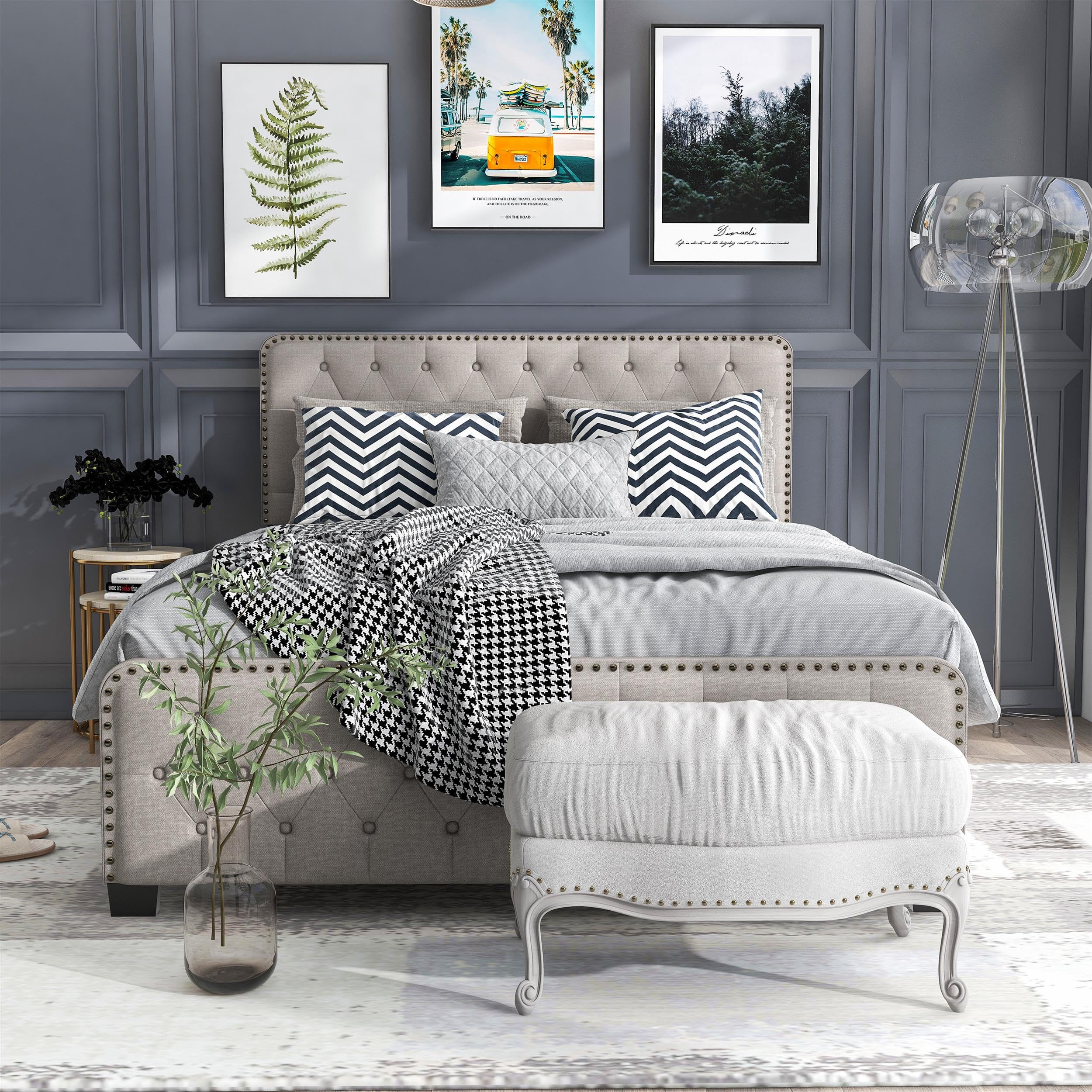 Furniture of America Dexter Beige Button Tufted Queen Upholstered Wood Bed Frame - Elegant Tufted Headboard for Master Bedroom, Guest Room & Home Decor