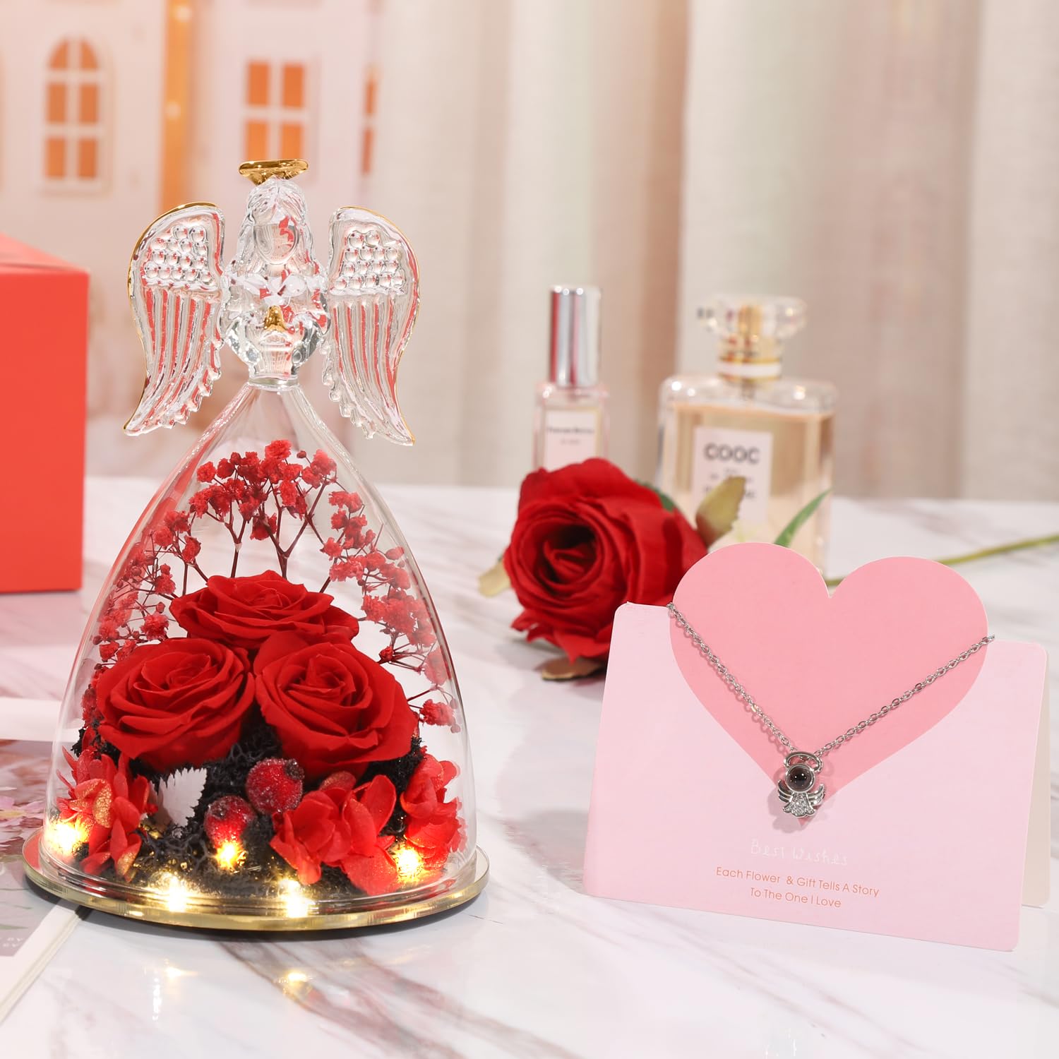 ANWEAO Preserved Rose Gifts with LED Angel Figurines - Perfect Mother's Day, Birthday, Anniversary Gifts for Women, Mom, Grandma, Wife - Romantic Home Decor & Keepsake for Special Occasions