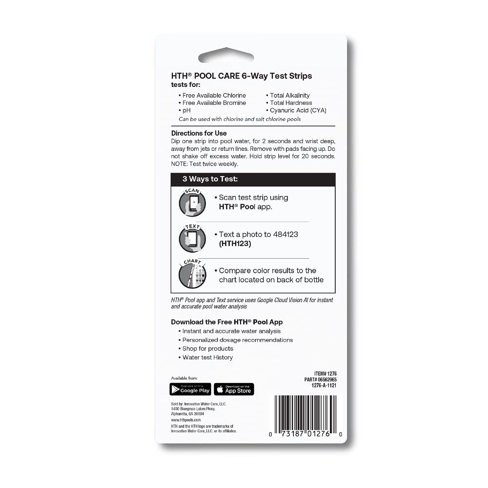 HTH 1276 6-Way Swimming Pool Test Strips - 30 Count | Fast & Accurate Pool Water Chemical Tester for pH, Chlorine, Alkalinity | Perfect for Pool Maintenance & Spa Water Testing