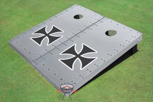 Premium Rivet Iron Cross Themed Cornhole Boards Set - Heavy Duty Outdoor Bean Bag Toss Game for Backyard, Tailgating & BBQ Parties