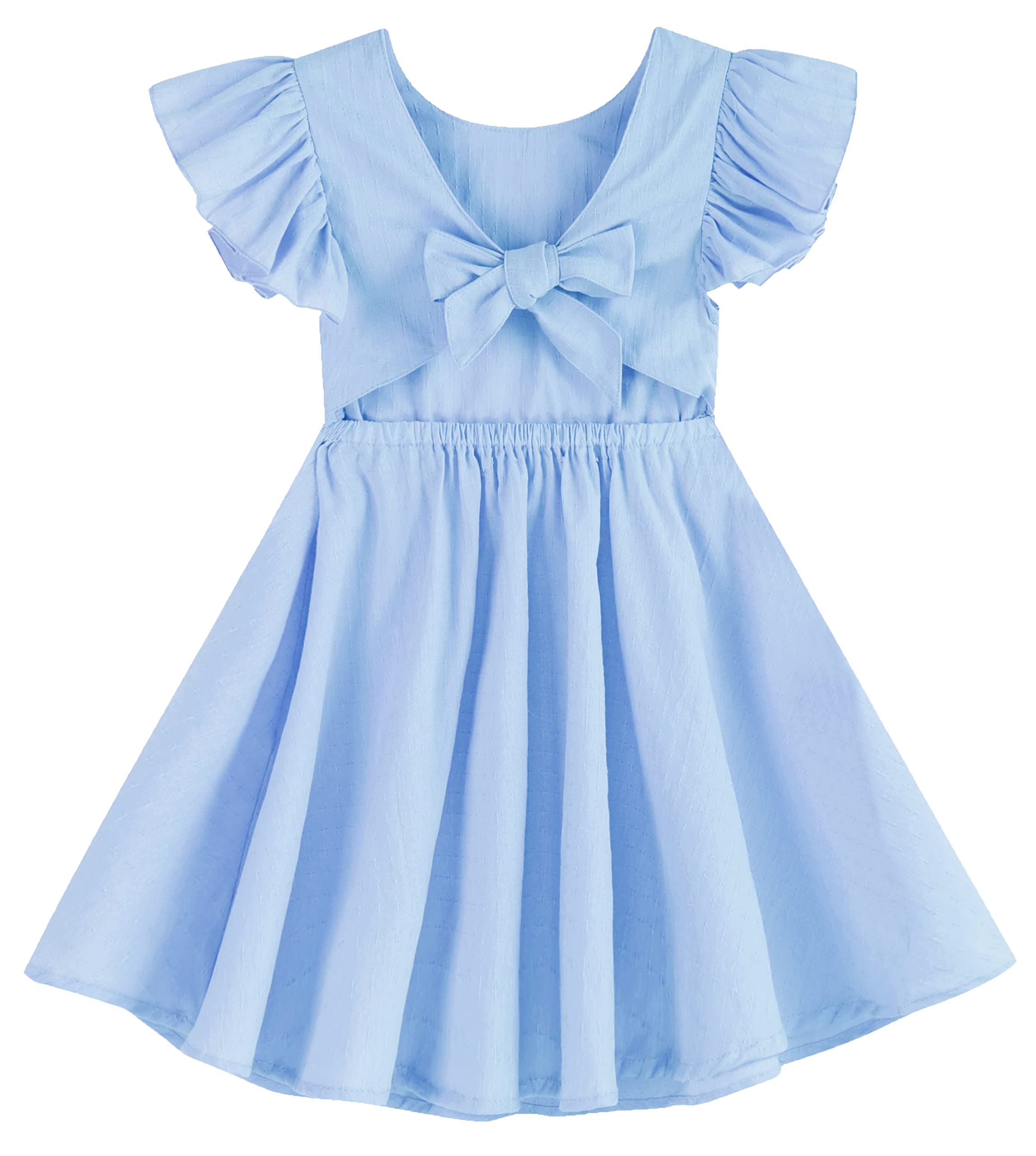 GSVIBK Toddler Girl Cotton Dress - Flutter Sleeve Backless Sundress with Bowknot & Floral Ruffle - Boho Beach Dress for Summer, Playdates & Photoshoots