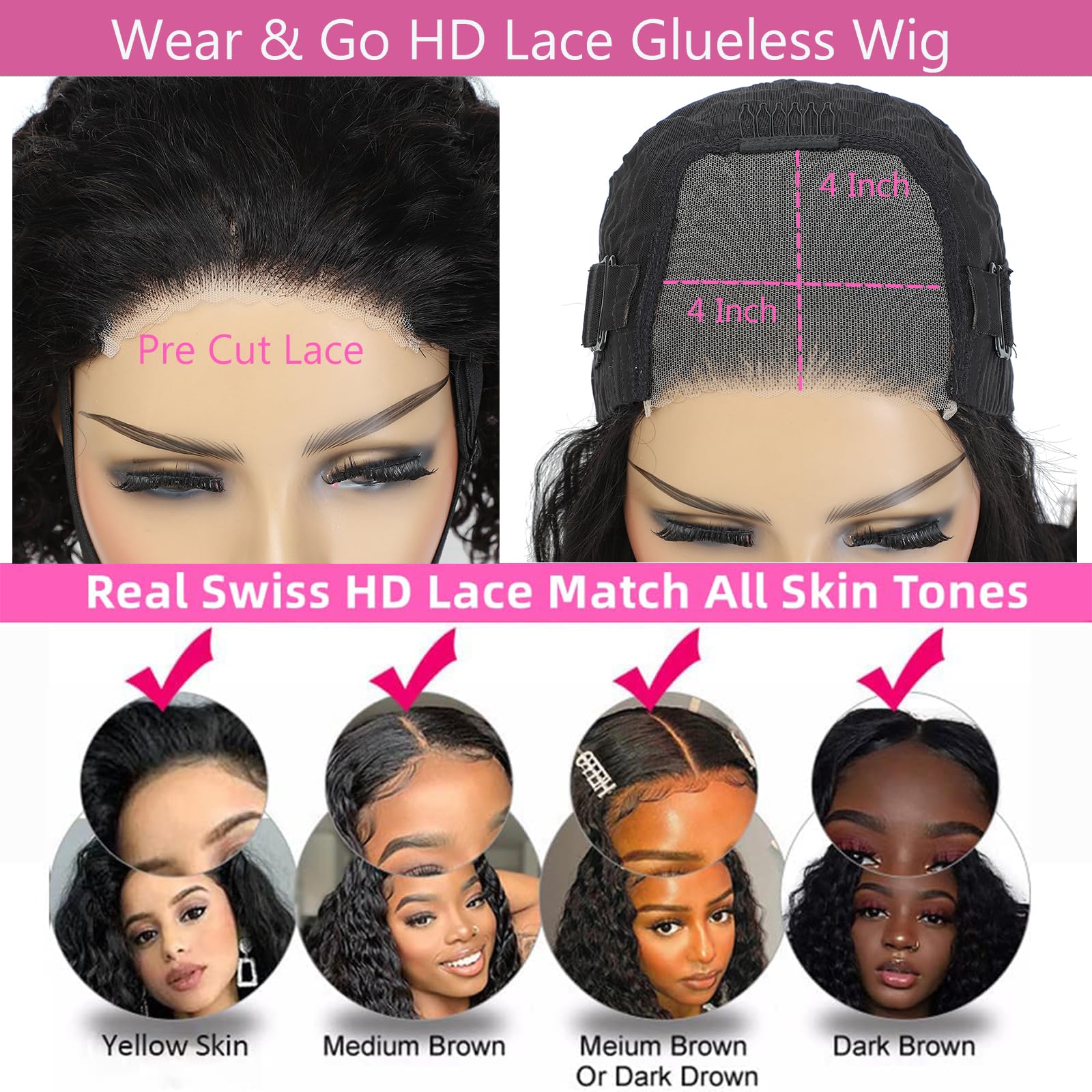 Wear And Go Glueless Human Hair Wigs for Black Women - 150% Density 28inch Deep Curly 4x4 Lace Closure Wig | Pre Plucked, Pre Cut, Ready to Wear | Perfect for Beginners, Daily Use & Special Occasions