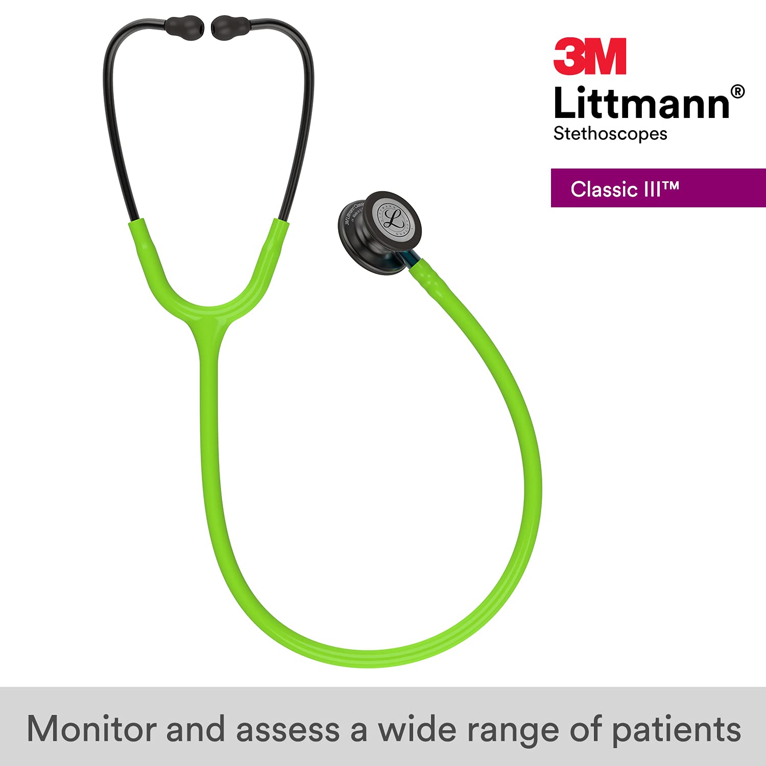 3M Littmann Classic III Monitoring Stethoscope - Smoke Chestpiece, Lime Green Tube, Blue Stem & Smoke Headset (27 Inch, Model 5875) | Ideal for Nurses, Doctors & Medical Professionals for Accurate Patient Diagnosis & Heart/Lung Sound Monitoring
