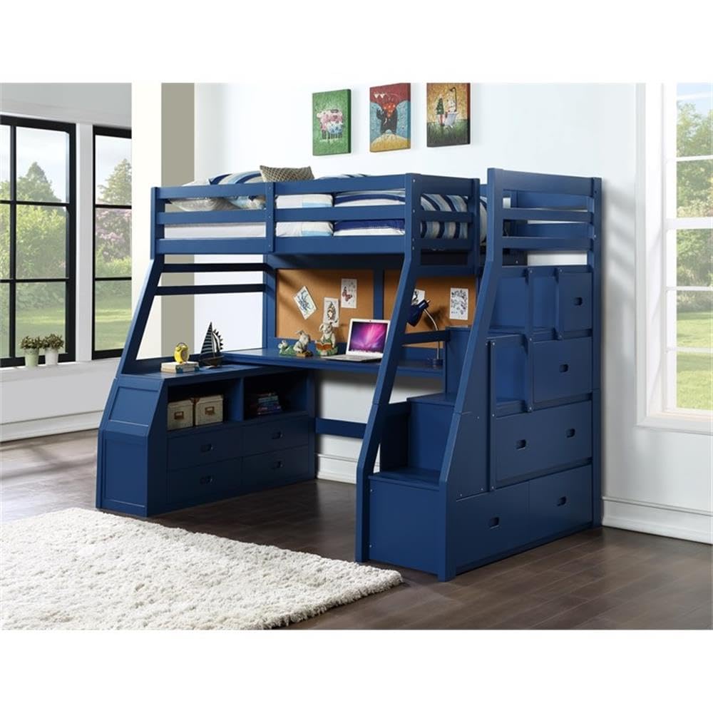 Acme Jason II Twin Wooden Loft Bed with Storage & 8 Drawers - Navy Blue - Space-Saving Kids Bedroom Furniture for Small Rooms & Dorm Organization