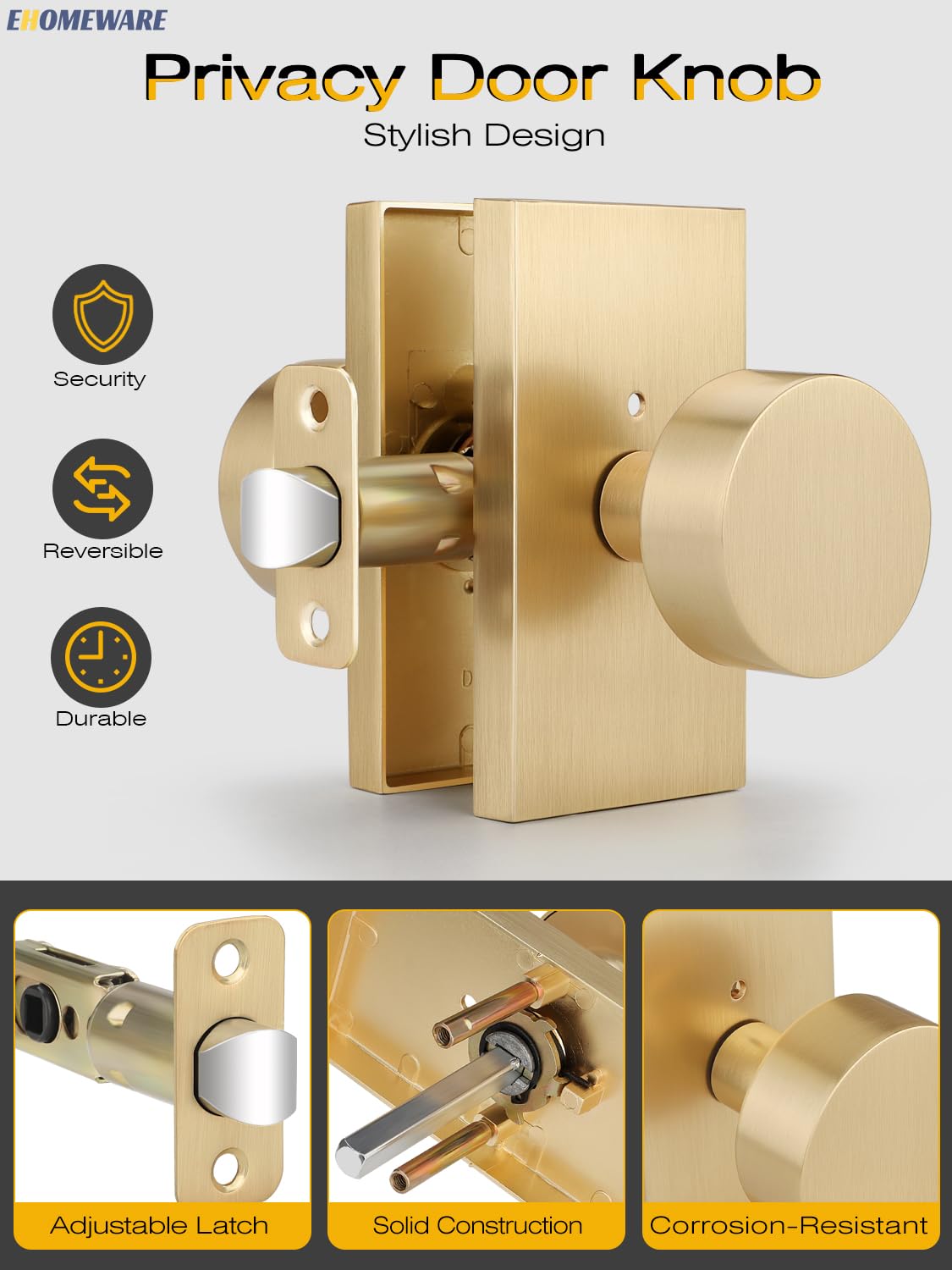 EHOMEWARE 3-Pack Gold Privacy Door Knobs with Lock - Bedroom & Bathroom Interior Door Handles, Reversible for Left/Right Doors, Rectangular Base - No Key Needed for Home, Office, or Apartment Use