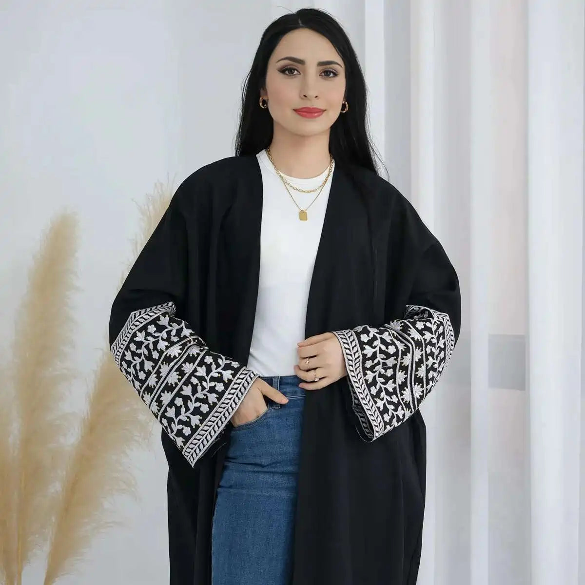 Muslim Women's Linen Blend Embroidery Sleeve Open Abaya Cardigan Dress - Perfect for Prayer, Modest Fashion & Everyday Wear