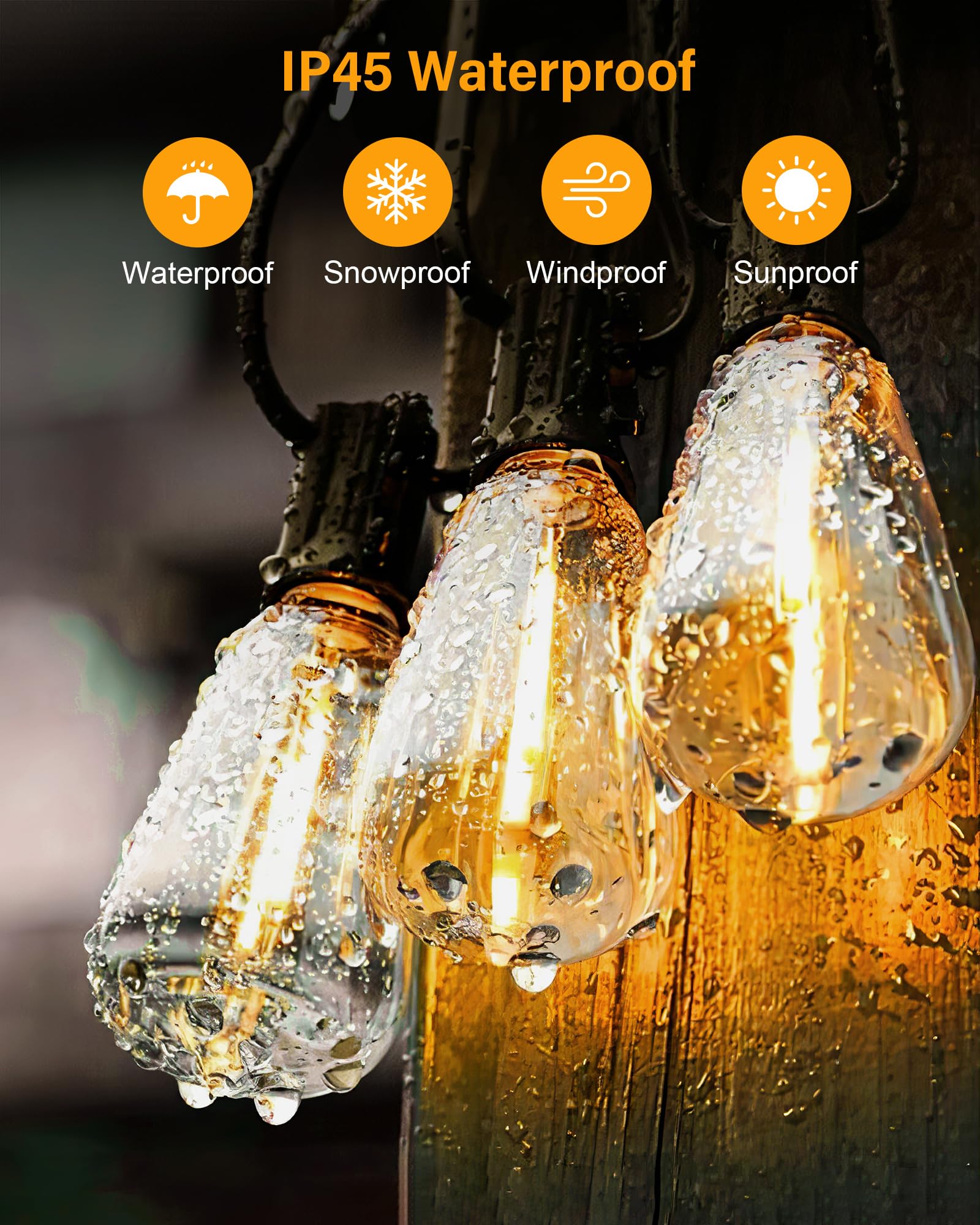 25FT Waterproof Outdoor String Lights with 13 ST38 Edison Bulbs - Black Weatherproof Patio Lights for Porch, Balcony, Backyard, Garden - 2700K Warm White LED Hanging Lights for Romantic Ambiance, Wedding Decor & Outdoor Dining