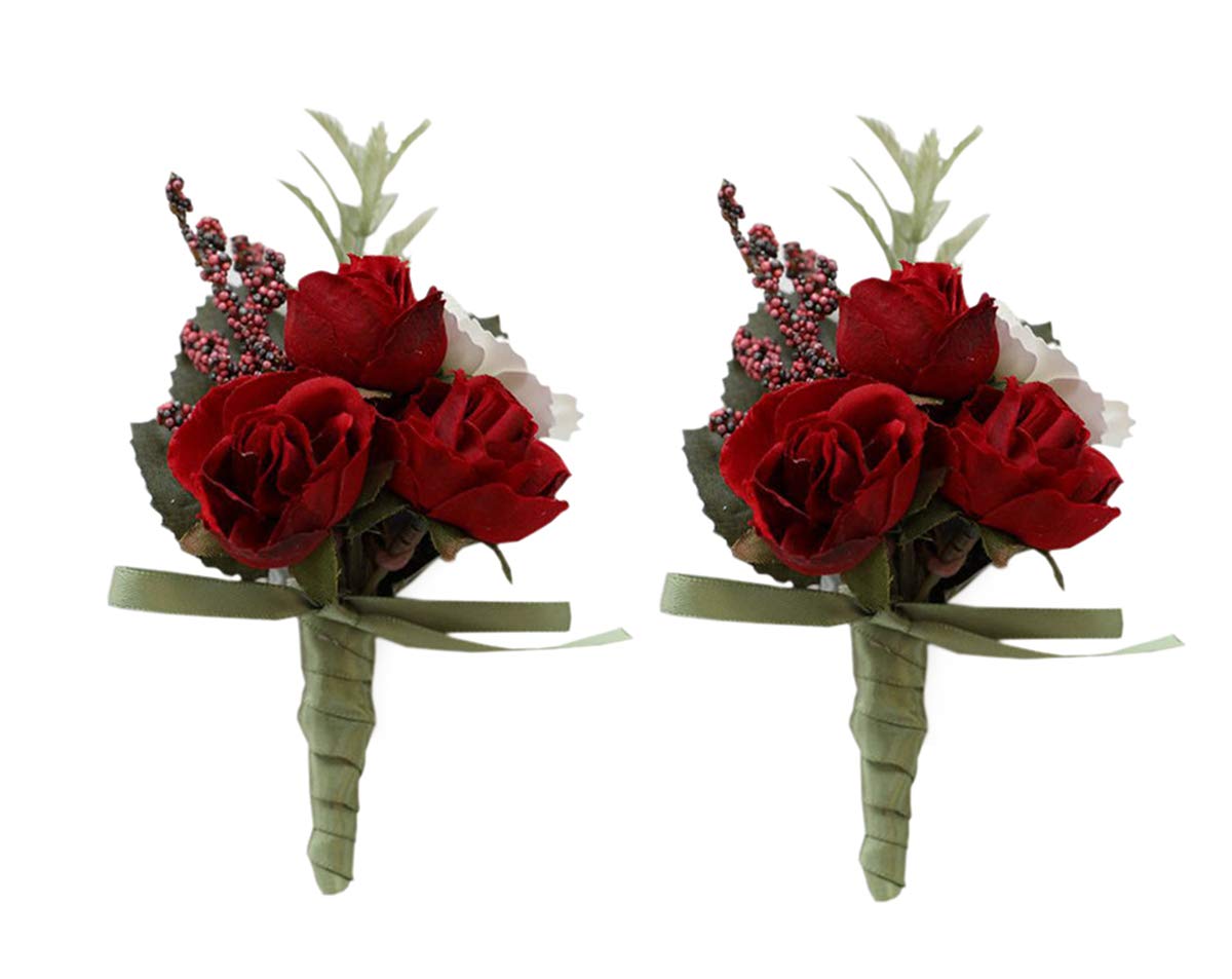 Artificial Rose Boutonniere & Corsage Set - Wedding, Prom, Party Suit Decoration - Realistic Groom Flower Brooch - Pack of 2 Red Roses - Perfect for Weddings, Proms, Formals & Special Occasions