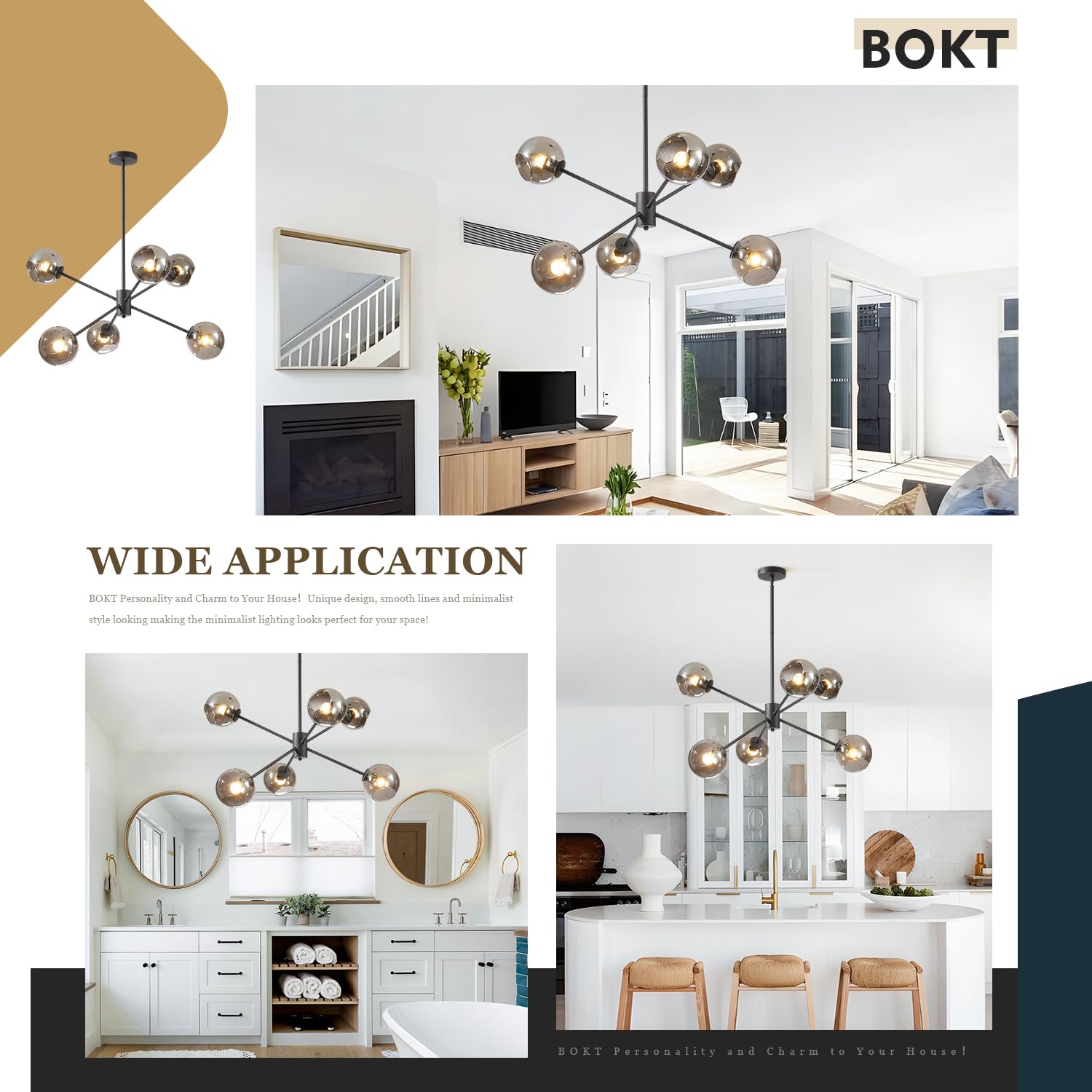 BOKT 6-Light Modern Glass Globe Sputnik Chandelier - Mid Century Matte Black Adjustable Pendant Light Fixture with Vintage Smoke Gray Balls - Perfect for Kitchen, Dining Room, Living Room & Bedroom Lighting