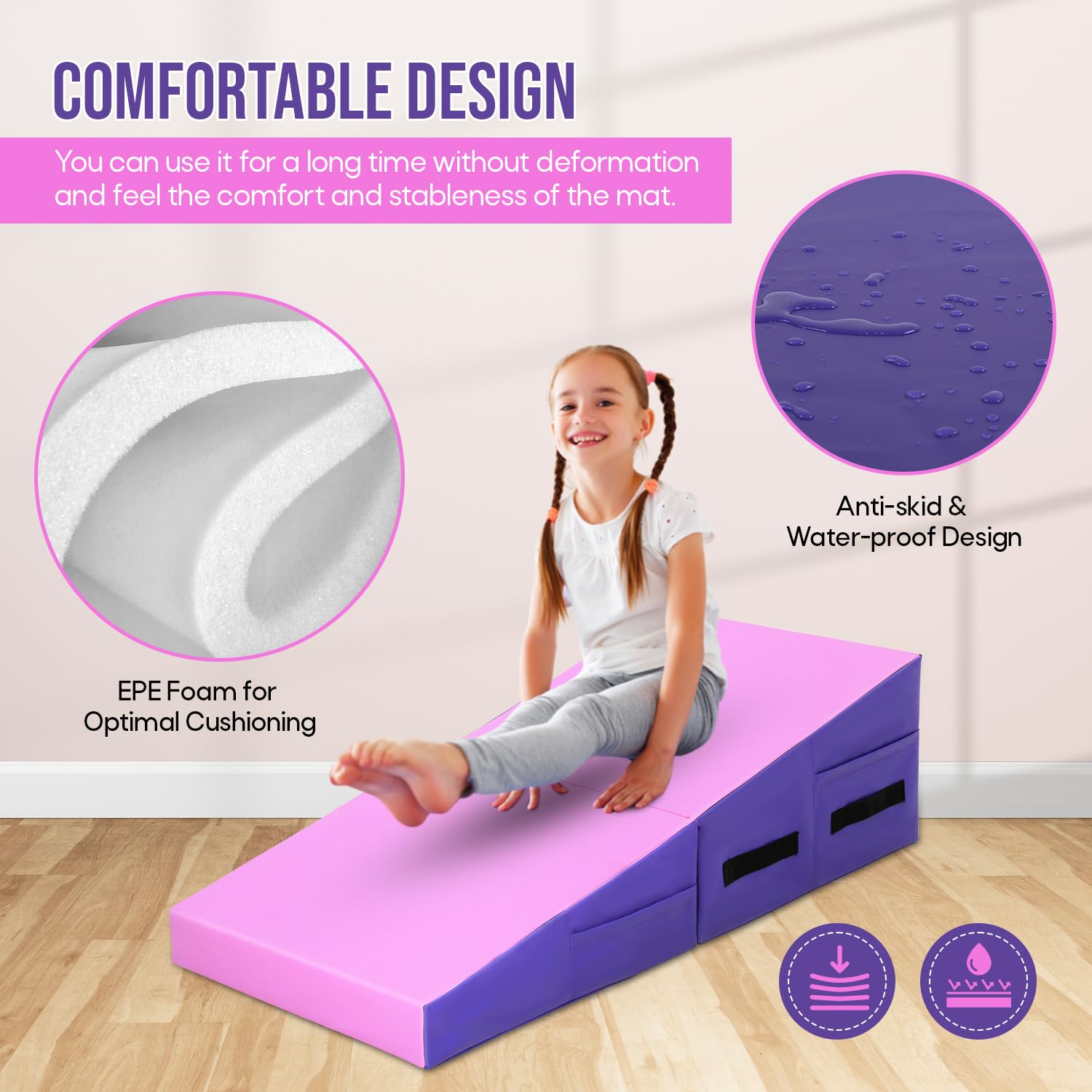 Non-Slip PU Folding Gymnastics Incline Mat - Tumbling Wedge Mat for Yoga, Home Gym & Exercise with Handles | Perfect for Gymnastics Training, Kids Play & Fitness Workouts