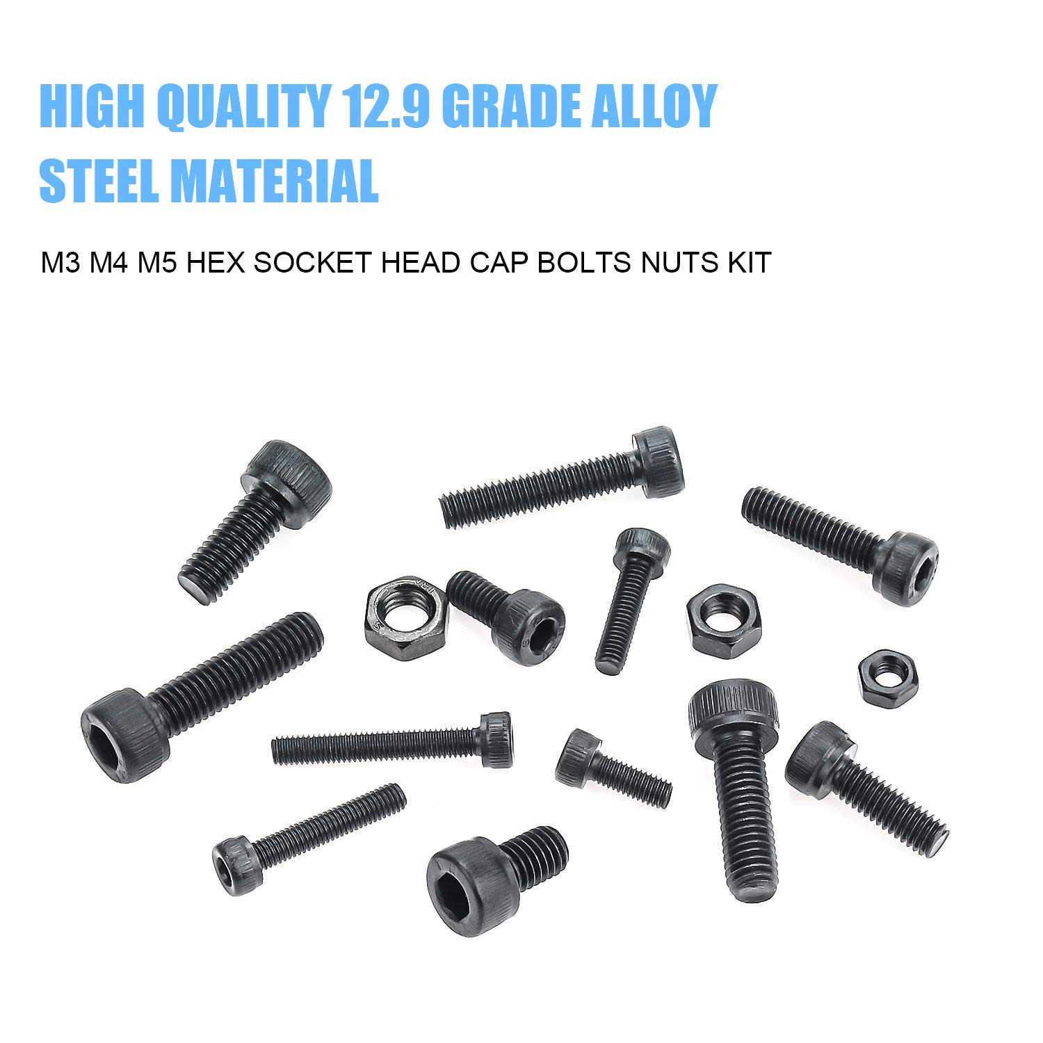 DYWISHKEY 500pcs M3-M5 12.9 Alloy Steel Hex Bolt Nut Kit with Wrenches for DIY & Repair