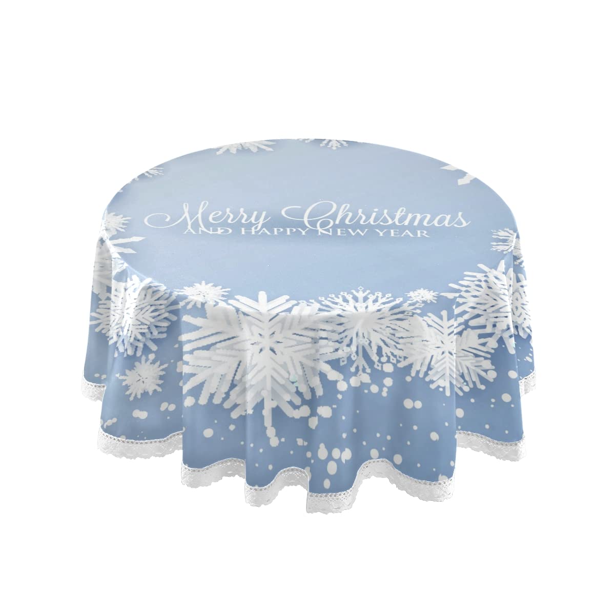 60 Inch Merry Christmas Round Tablecloth - Happy New Year Winter Snowflakes Design, Polyester Lace Trim Washable Table Cover for Holiday Dining, Christmas Party, Picnic & Kitchen Decor | Perfect for Festive Gatherings & Seasonal Home Decoration