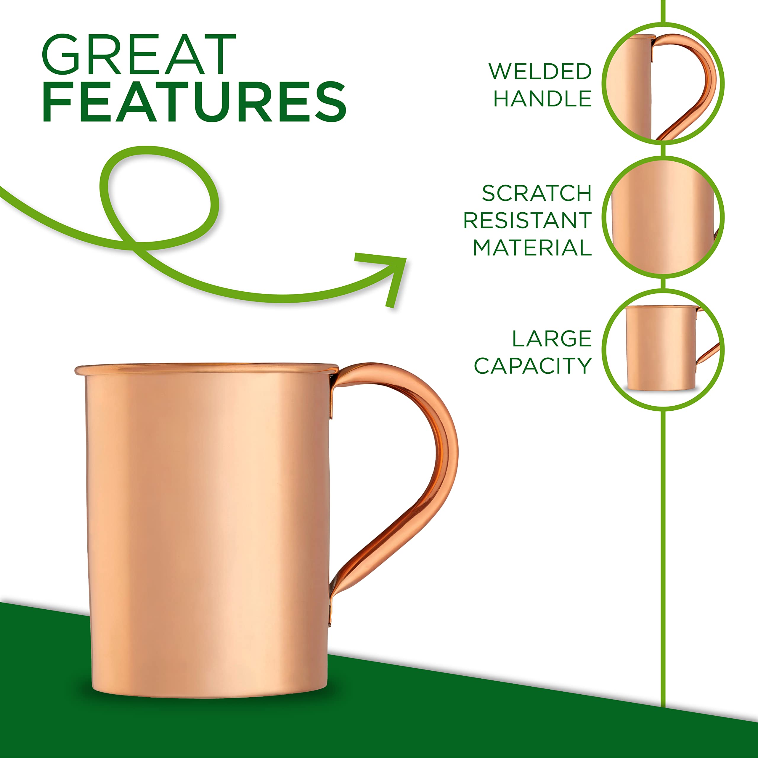 Premium 16 Oz Moscow Mule Copper Mugs - Food Safe Polished Smooth Copper Cocktail Cups - Perfect for Mojitos, Margaritas & Cold Drinks at Parties, Bars & Home Entertaining