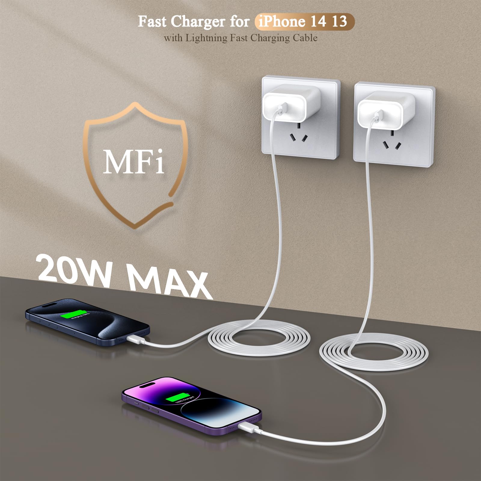 Apple MFi Certified 10FT Fast iPhone Charger - 2Pack 20W USB C Power Adapter & Extra Long Lightning Cable for iPhone 14/13/12/11/XS/XR/X/SE - Fast Charging for Home, Office & Travel