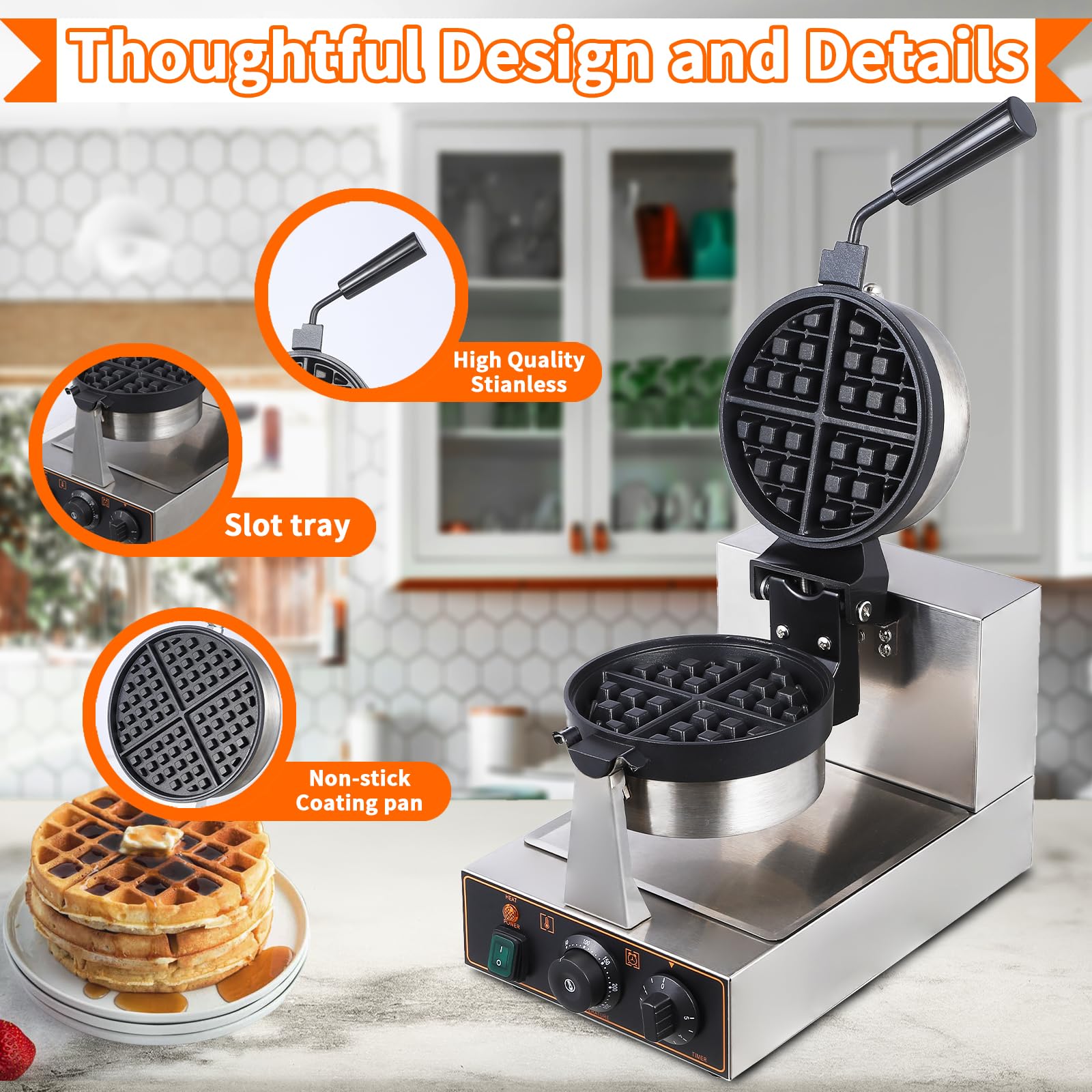 GARVEE 360° Rotating Electric Waffle Maker Machine - Non-Stick Waffle Iron with Adjustable Temperature & Timer (110V, 1200W) - Perfect for Breakfast, Brunch, and Family Gatherings