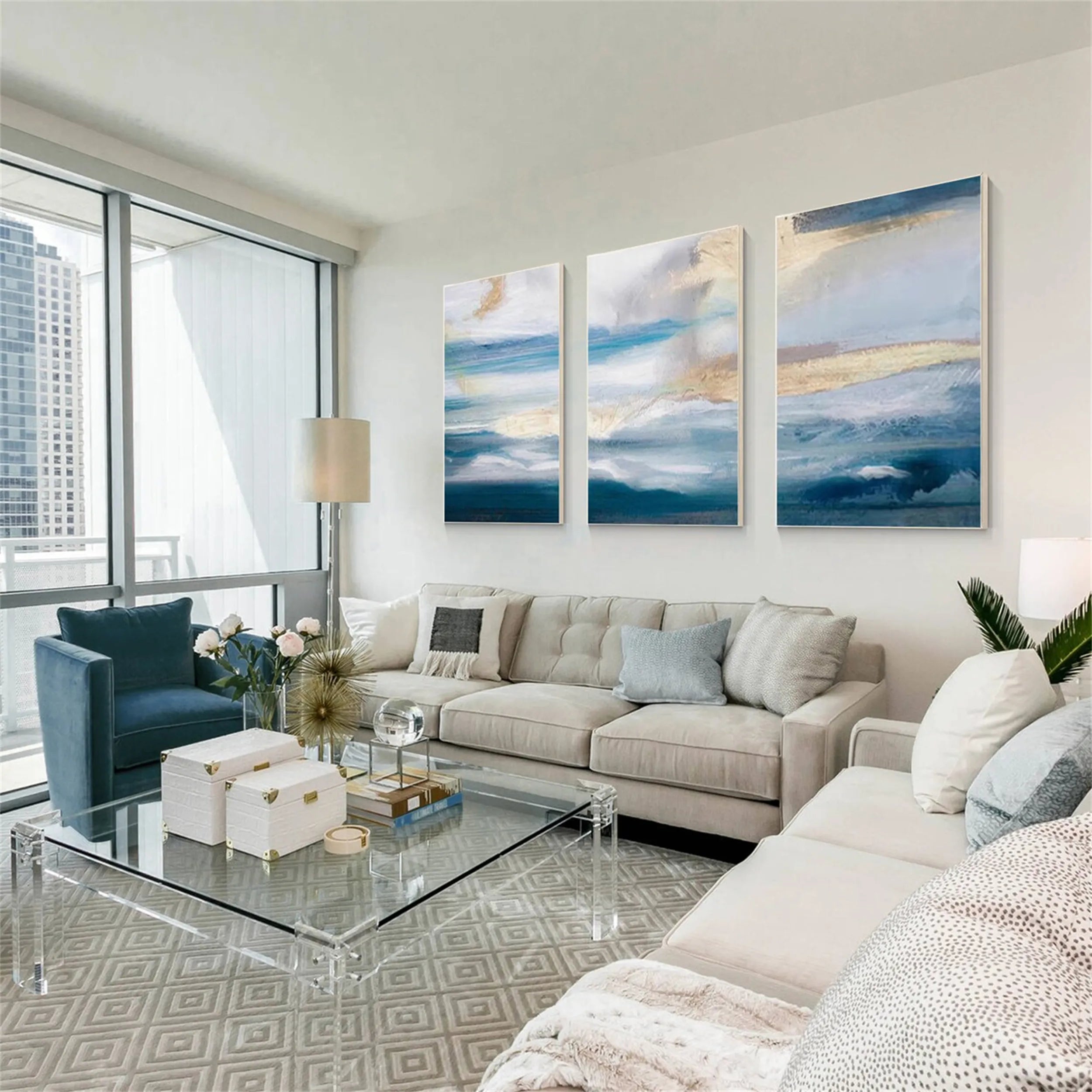 Ocean and Sky Wall Art Set of 3 - Coastal Beach Decor Paintings for Living Room, Bedroom & Office | Modern Seascape Canvas Prints (OS 152)