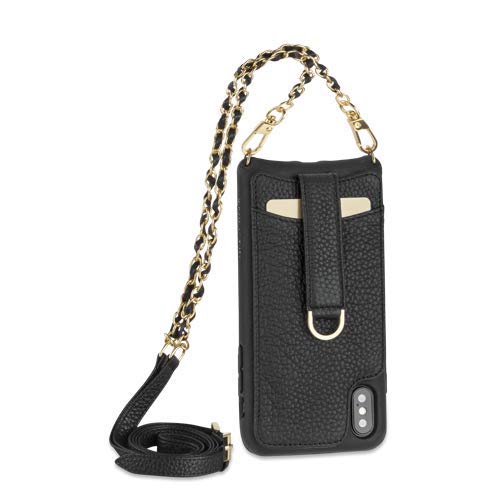 Vaultskin Victoria Crossbody iPhone Leather Wallet Case for iPhone X/Xs - Slim Bumper with Card Slots Holds 8 Cards & Cash - Black with Chain & Leather Strap - Perfect for Travel, Shopping & Everyday Use