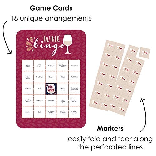 Big Dot of Happiness Wine Tasting Bingo Game Set - 18 Premium Bingo Cards & Markers for Adults | Perfect for Wine Parties, Girls Night Out & Bachelorette Events
