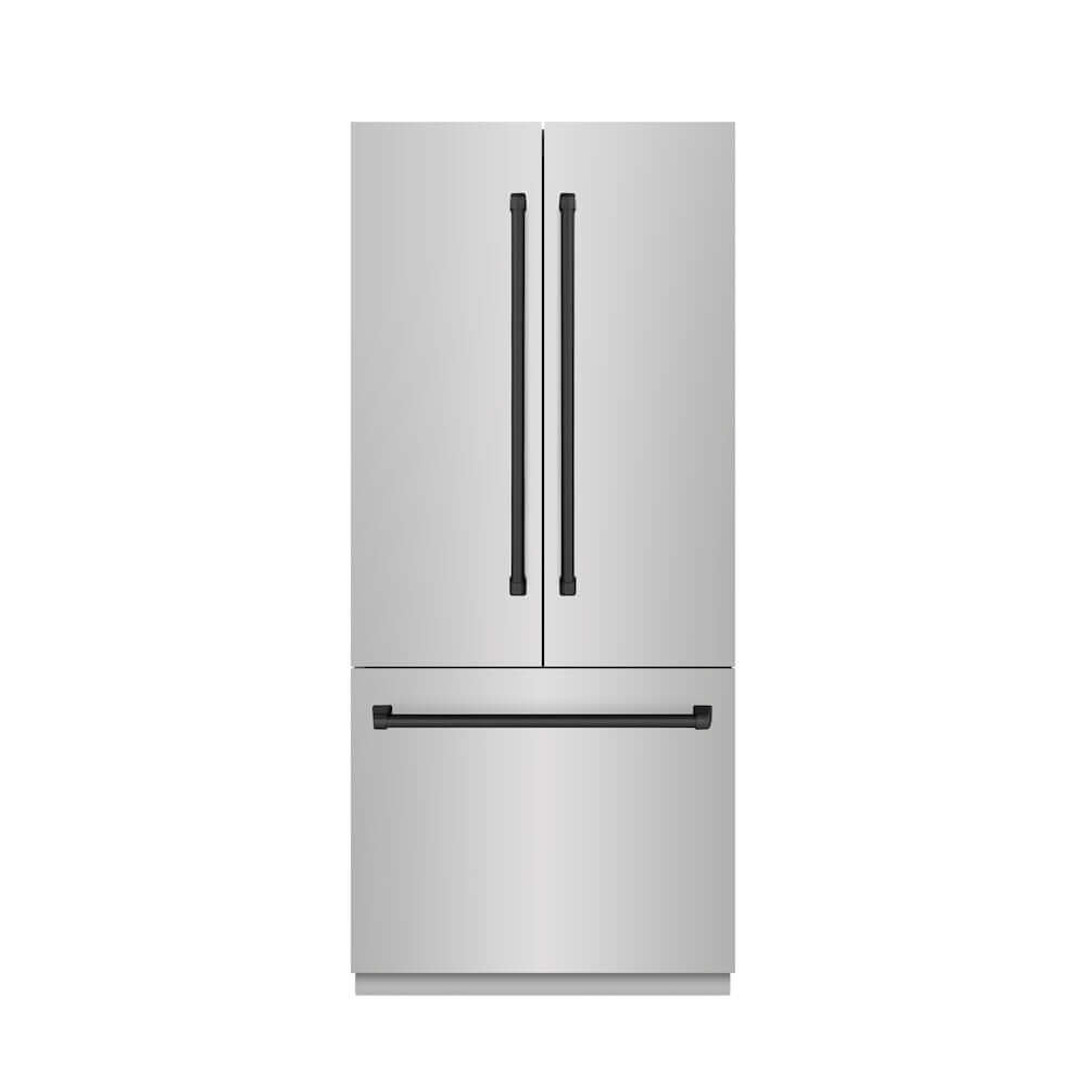 ZLINE Autograph Edition 36 Inch 19.6 Cu Ft French Door Built-In Bottom Freezer Refrigerator with Water Dispenser & Ice Maker - Stainless Steel with Graphite Gray Interior & Matte Black Accents (GRBIVZ 304 36MB) | Perfect for Modern Kitchens & Open Concept Homes