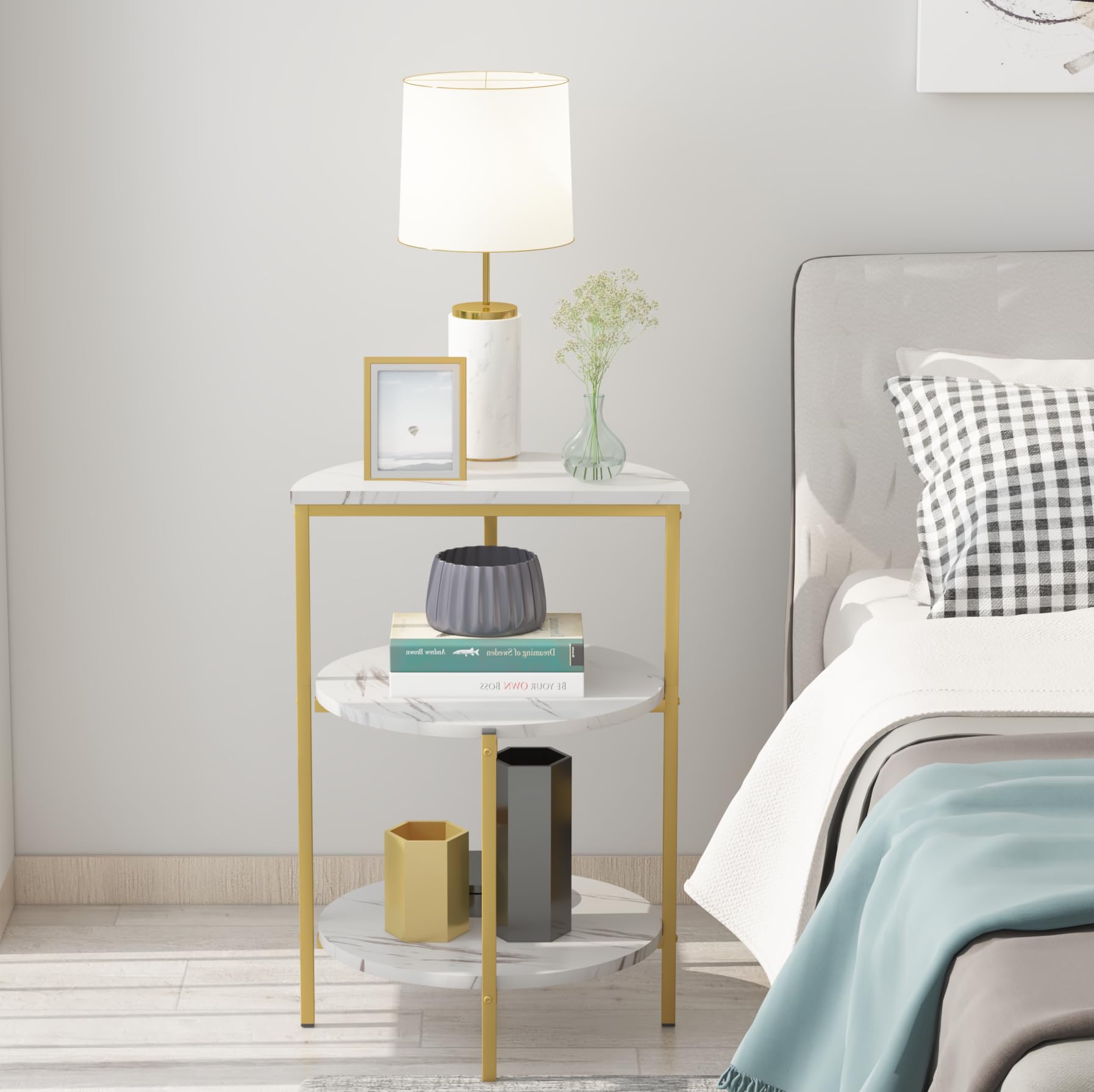 Lamerge 3-Piece Coffee Table Set - Rectangle Coffee Table & 2 Accent Tables with Faux Marble Tabletop, Multi-Tier Storage - White & Gold Living Room Furniture for Small Spaces, Apartments | Perfect for Modern Home Decor, Coffee Time & Living Room Organization (LCTS-wg)