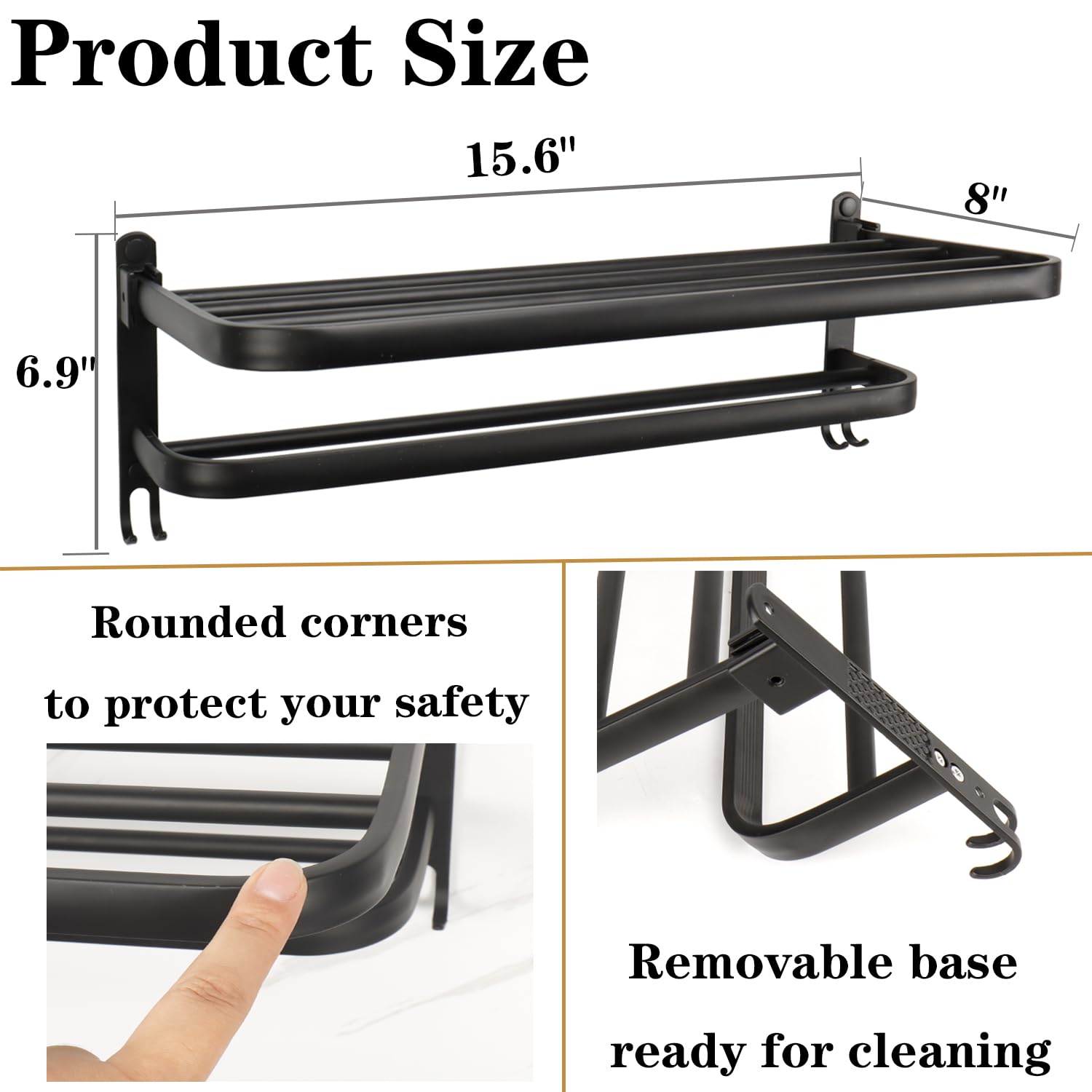 Stainless Steel Bathroom Towel Rack - Double Towel Bar & Foldable Shelf - Wall Mounted Rustproof Towel Organizer for Bathroom, Balcony, Laundry Room (16 Inch, Black) - Perfect for Small Spaces & Modern Home Decor
