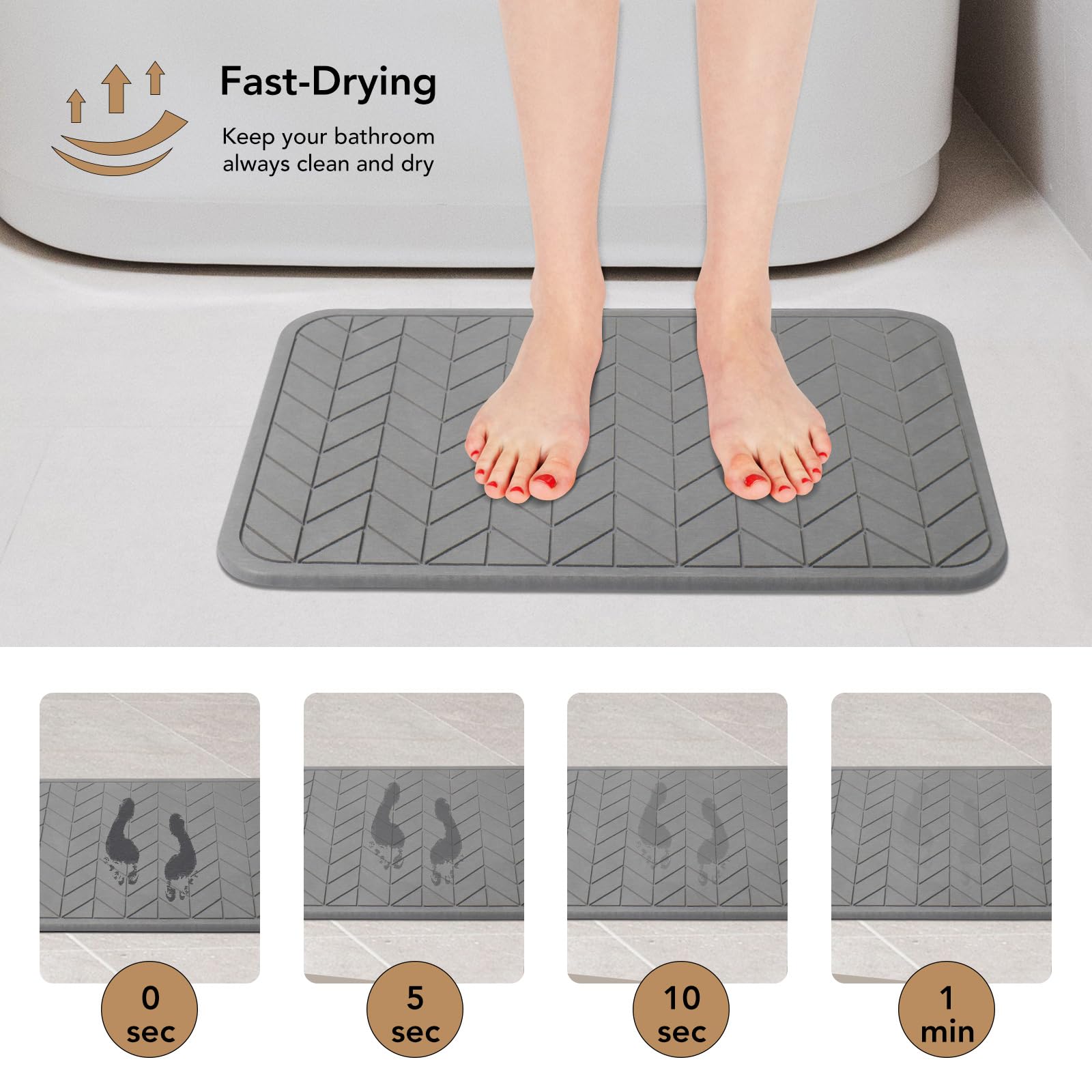 Premium Non-Slip Diatomaceous Earth Bath Mat - Super Absorbent & Quick Drying Stone Shower Mat for Bathroom Floor (2 Pack, Grey) - Perfect for Wet Rooms, Spa, and Luxury Bathroom Decor
