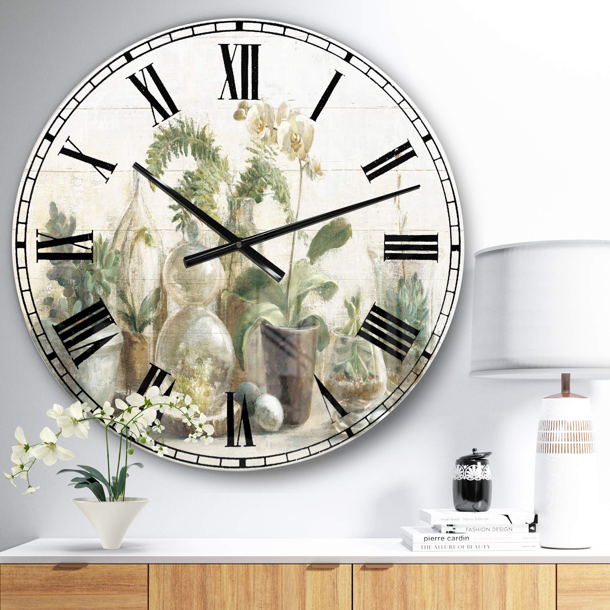 Designart Greenhouse Orchids Wall Art - Farmhouse Round Metal Wall Clock for Home Decor | Perfect for Living Room, Bedroom & Office Decoration | Elegant Floral Wall Clock for Kitchen, Dining Room & Entryway