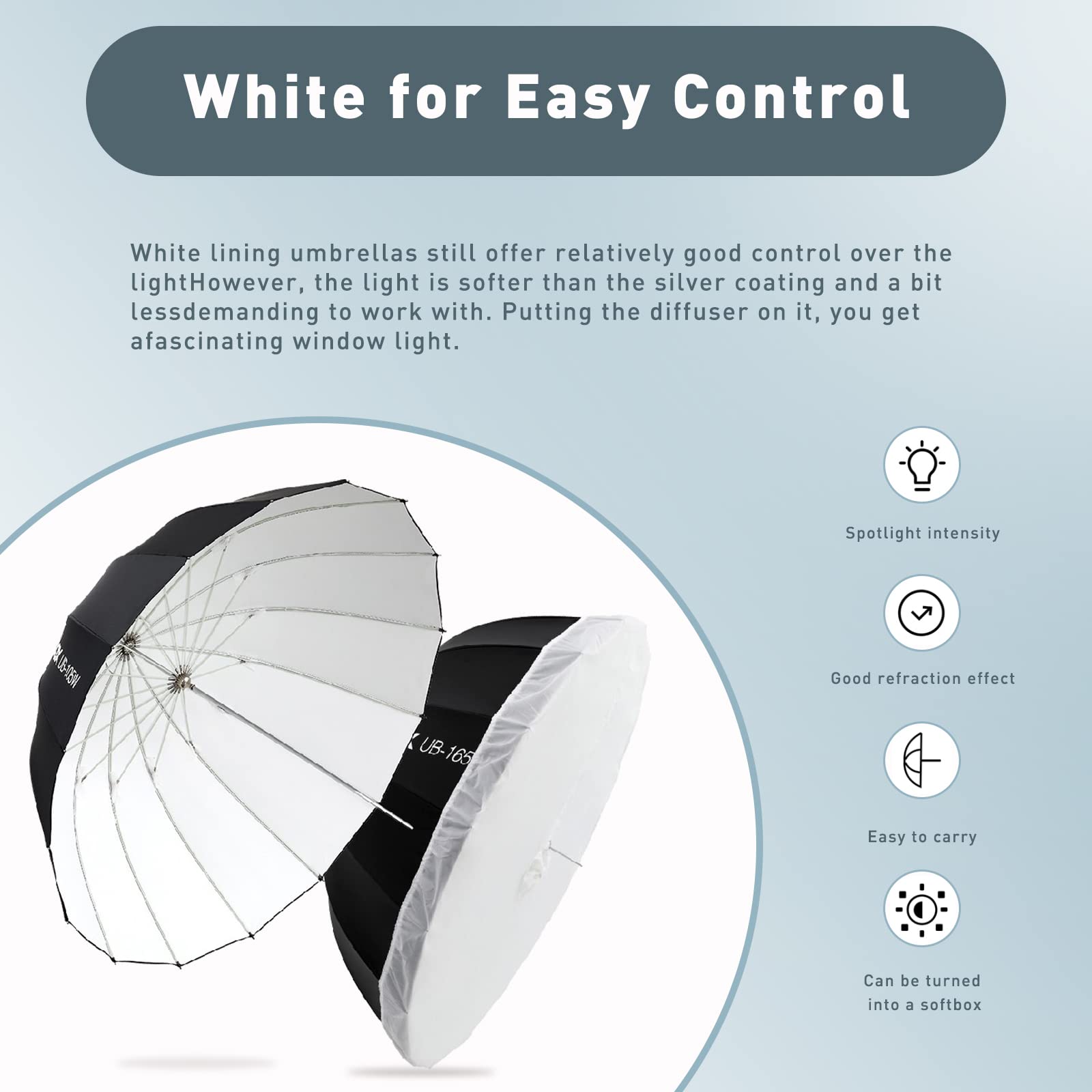 Godox 65'' Parabolic Softbox Umbrella UB-165W - 165cm Photography Reflector with Diffuser & Carry Bag (White Interior) for Studio Portrait, Product & Outdoor Lighting