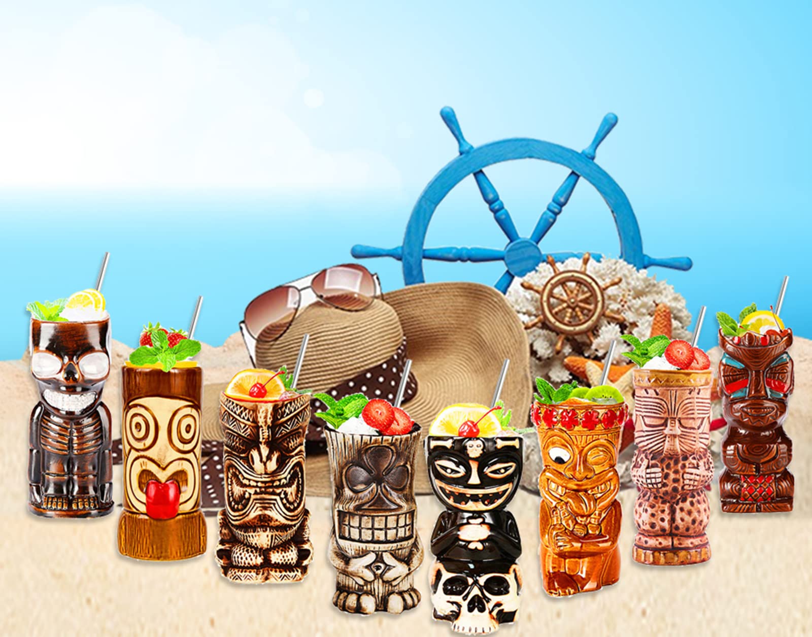 Premium 8-Piece Tiki Bar Glasses Set - Exotic Cocktail Mugs for Tropical Drinks, Hawaiian Themed Party Cups - Perfect for Luau Parties, Beach Bars & Summer Entertaining