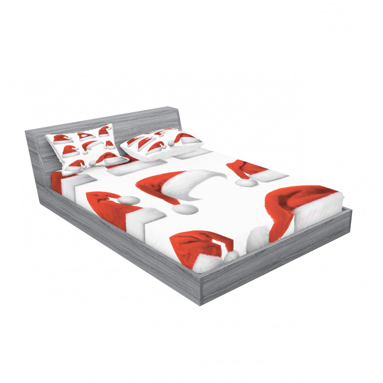 Ambesonne Christmas 2-Pack Fitted Sheet & Pillow Sham Set - Santa Hats Pattern Red White 4-Piece Bedding Decor (2 Full Size Fitted Sheets + 4 Pillow Covers) - Perfect for Holiday Guest Rooms & Festive Bedroom Decor