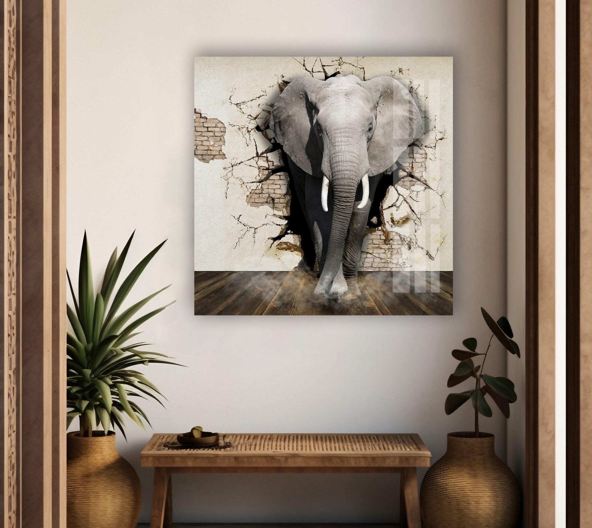 3D Elephant Art Glass Wall Decor - Handmade Modern Home Decoration for Living Room, Bedroom, Office - Unique Gift Idea for Animal Lovers