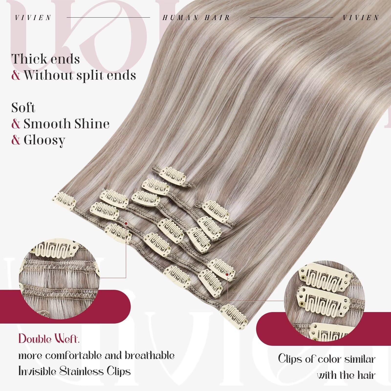 20 Inch Clip-in Human Hair Extensions - Dirty Blonde with Platinum Blonde Highlights | 120g 7pcs Full Head Straight Real Human Hair | Perfect for Parties, Weddings & Everyday Styling