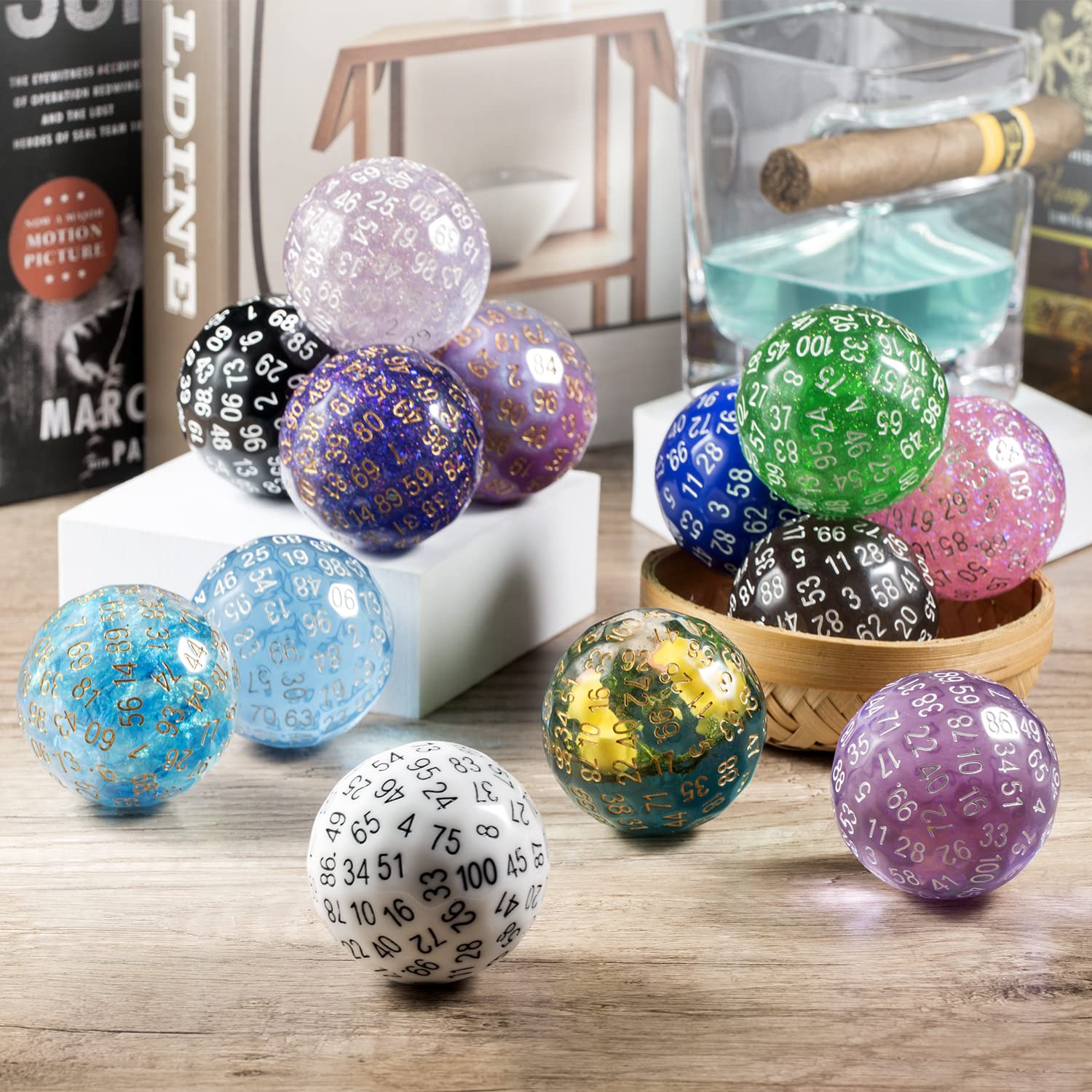 Premium Resin D100 Dice Set - Light Blue 100-Sided Dice with Foil Inlay & Translucent Organza Bag for Dungeons & Dragons RPG, Tabletop Gaming, D&D Campaigns and Collectors