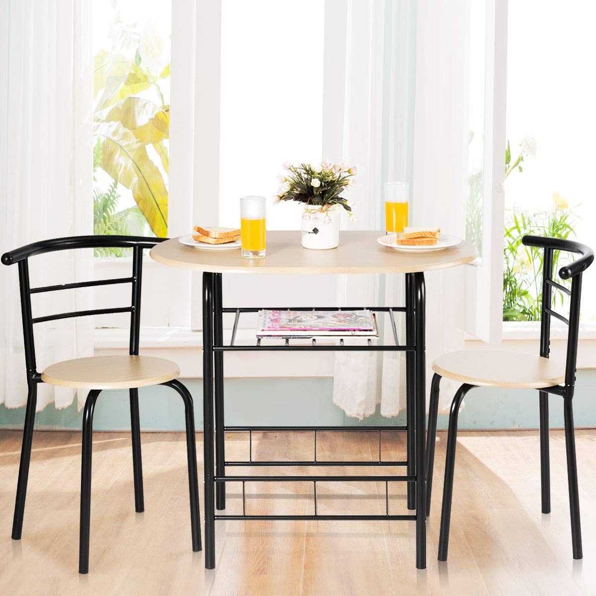 **Renatone 3-Piece Round Dining Table Set with 2 Chairs - Sturdy Metal Frame & Storage Shelf - Compact Space-Saving Design for Kitchen, Dining Room, Outdoor Bar - Black & Natural Wood Finish - Perfect for Small Apartments, Patios & Breakfast Nooks**
